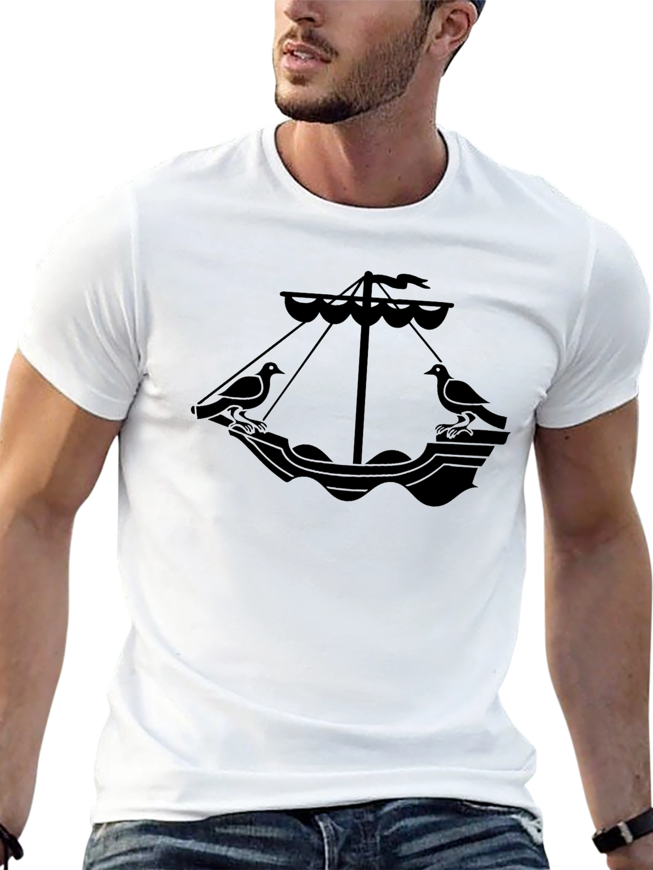 Black Black T-Shirt with Bird Boat Graphic view 13
