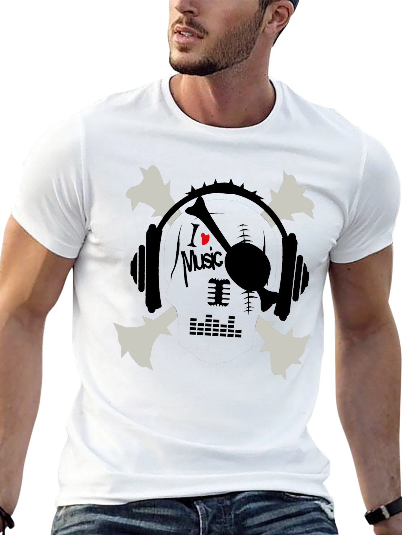 Black I Heart Music Skull & Headphones Graphic T-Shirt view 13