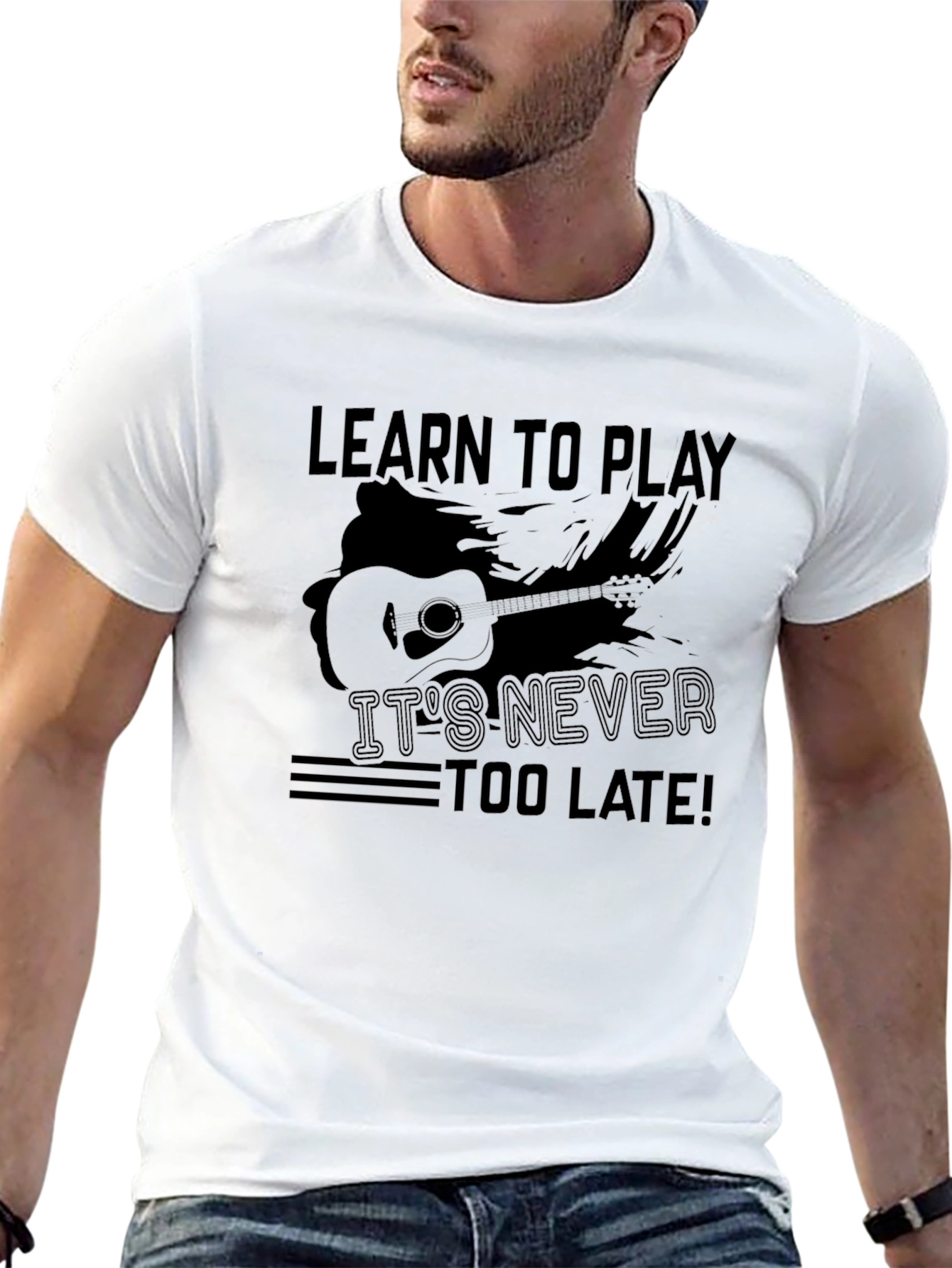 Black Learn to Play Guitar T-Shirt - It's Never Too Late! view 13