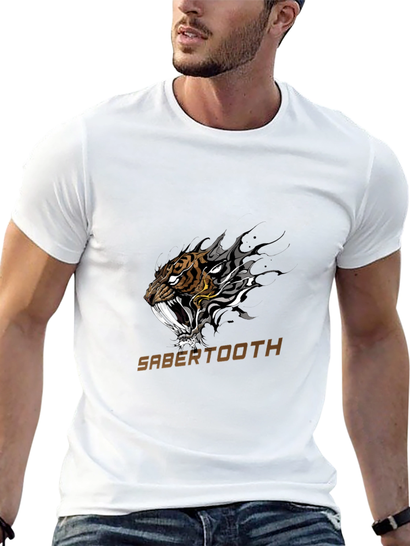 Black Sabertooth Tiger Graphic T-Shirt - Black Cotton Tee view 13