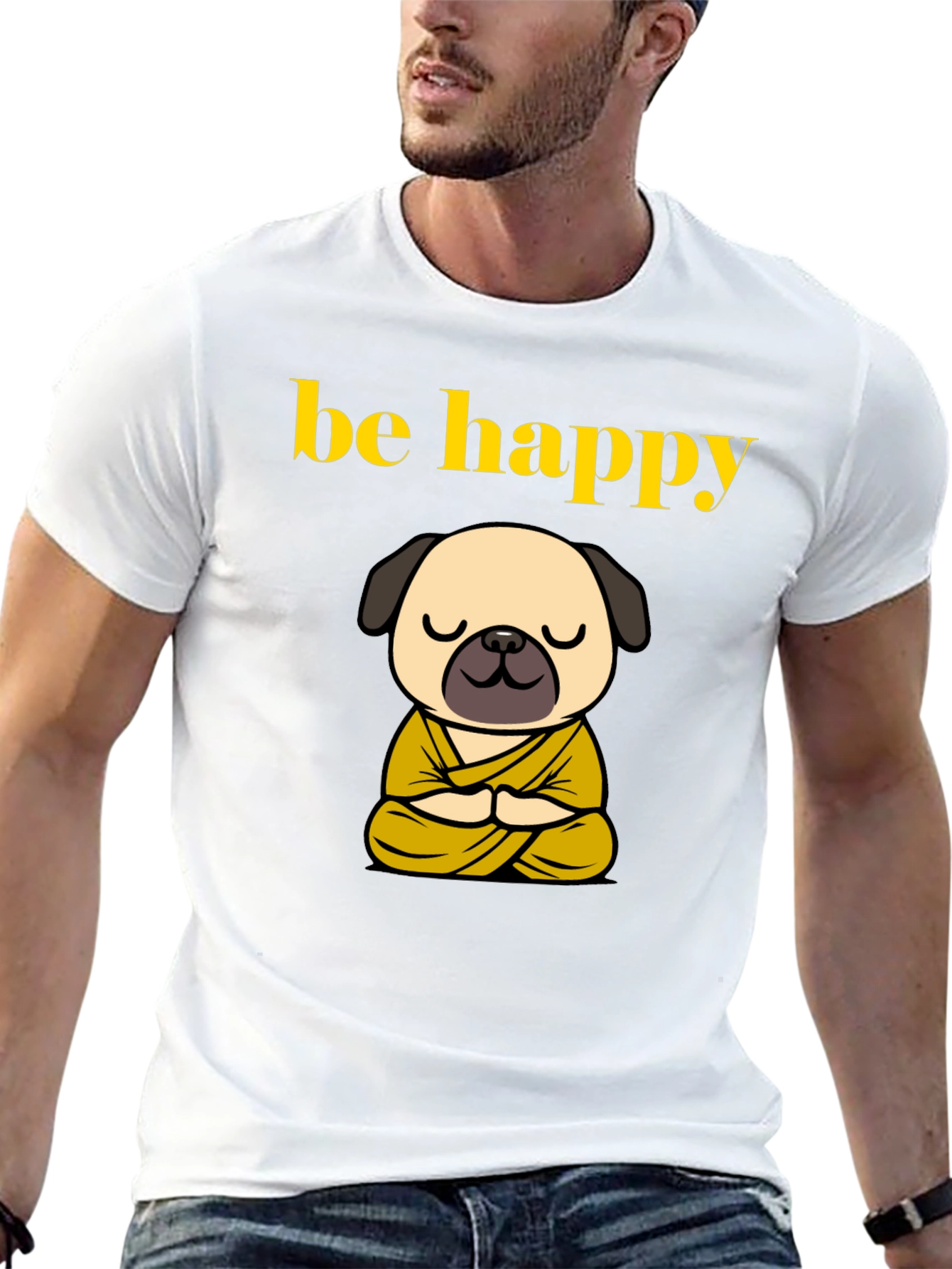 Black Be Happy Pug Buddha T-Shirt - Meditating Dog Tee view 13