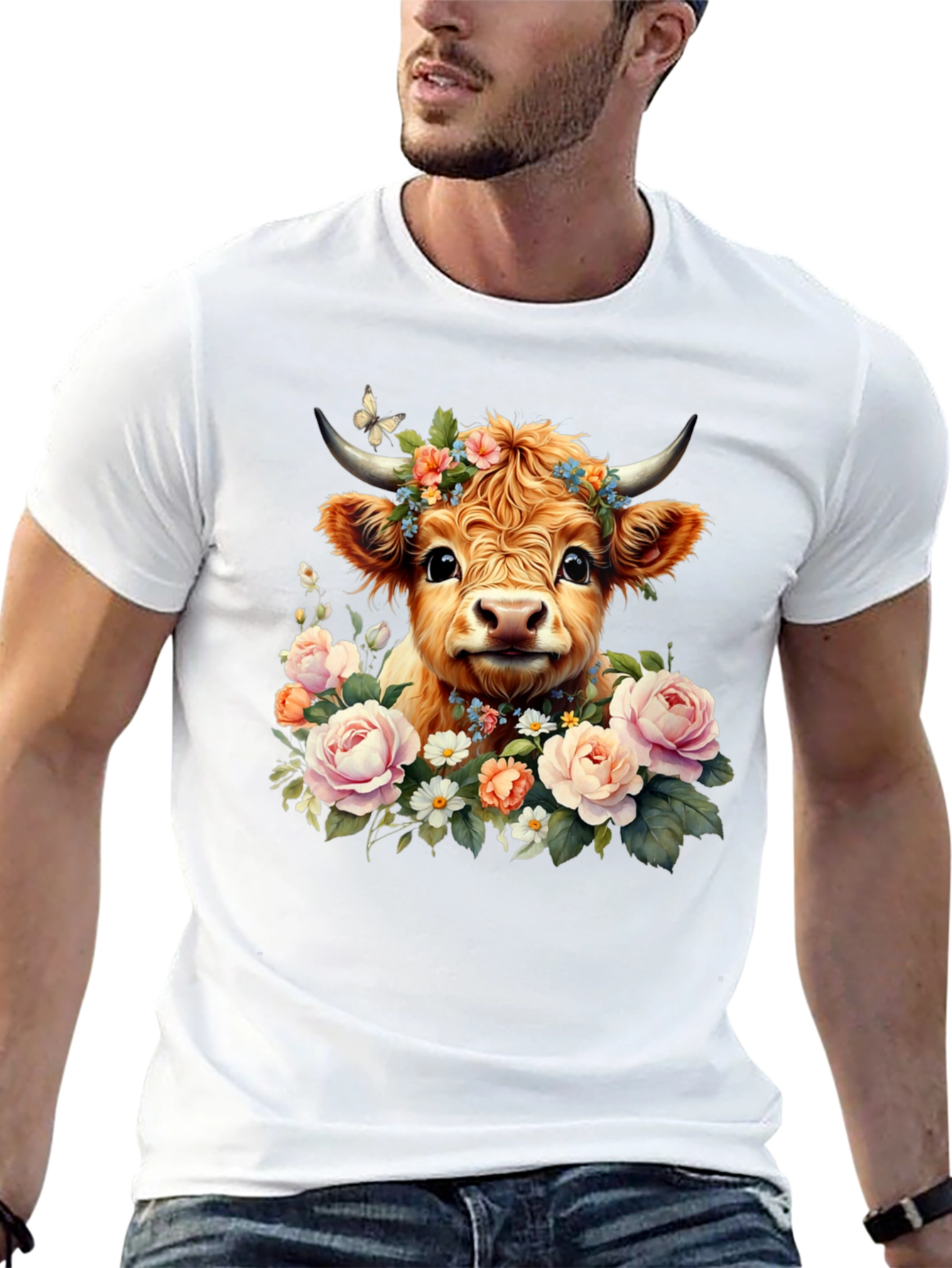 Black Cute Cow with Flowers Black T-Shirt view 13