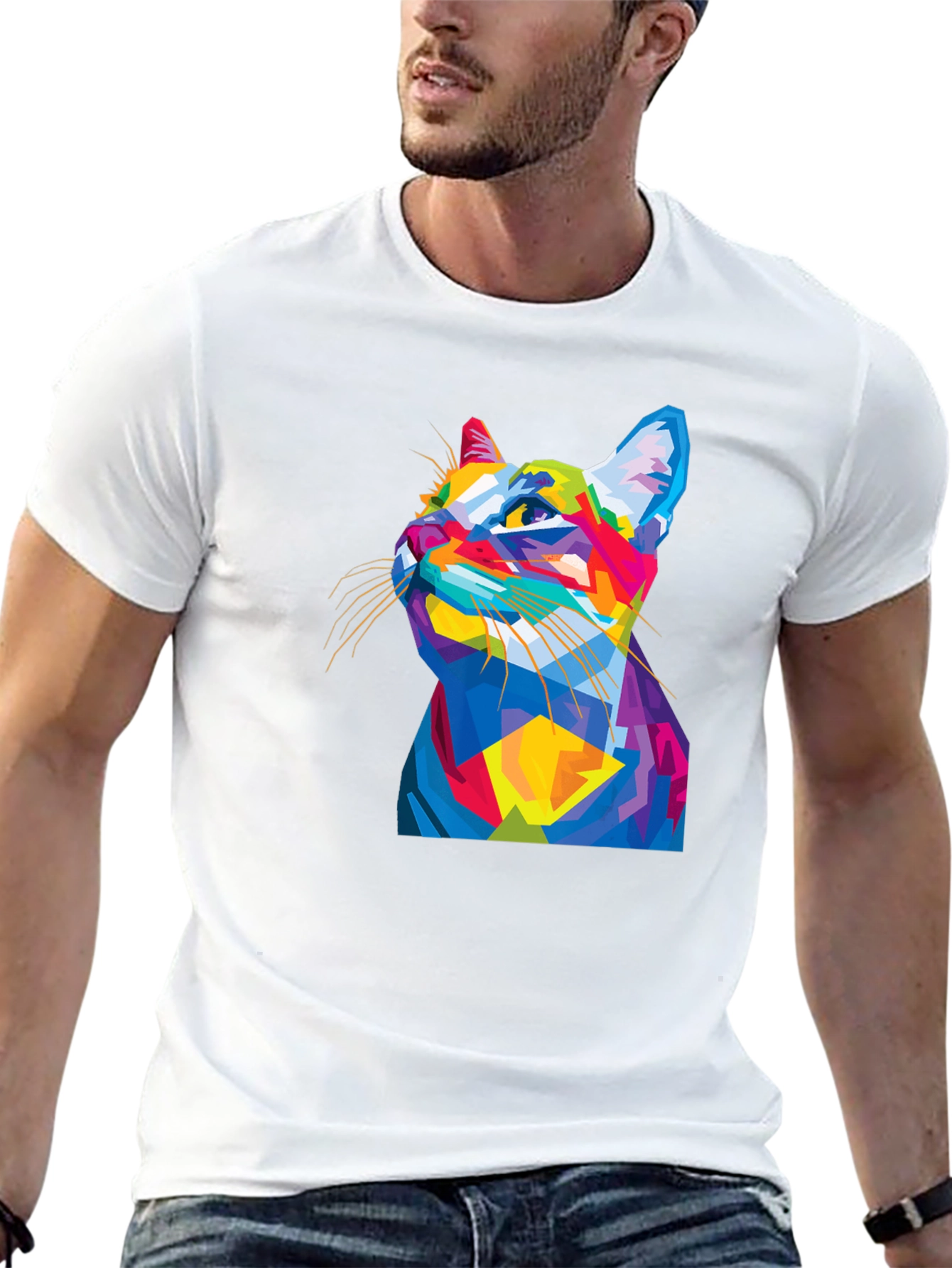 Black Geometric Cat Graphic Tee - Stylish Men's Black T-Shirt view 13