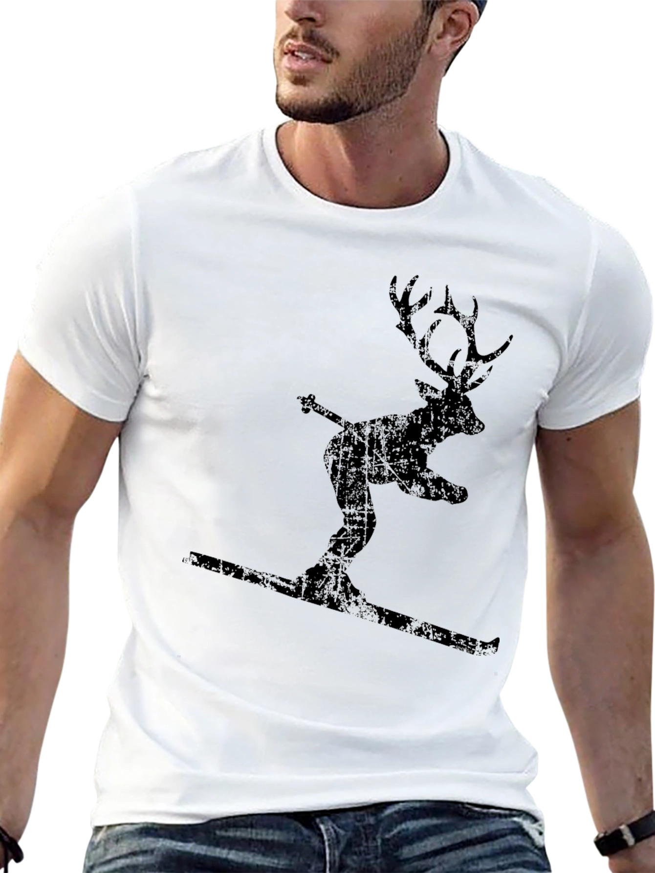 Black Skiing Deer Graphic Tee - Black Cotton Blend view 13