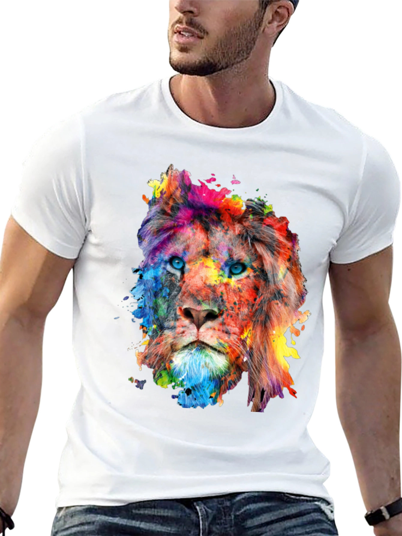 Black Colorful Lion Graphic Print Men's Black T-Shirt view 13