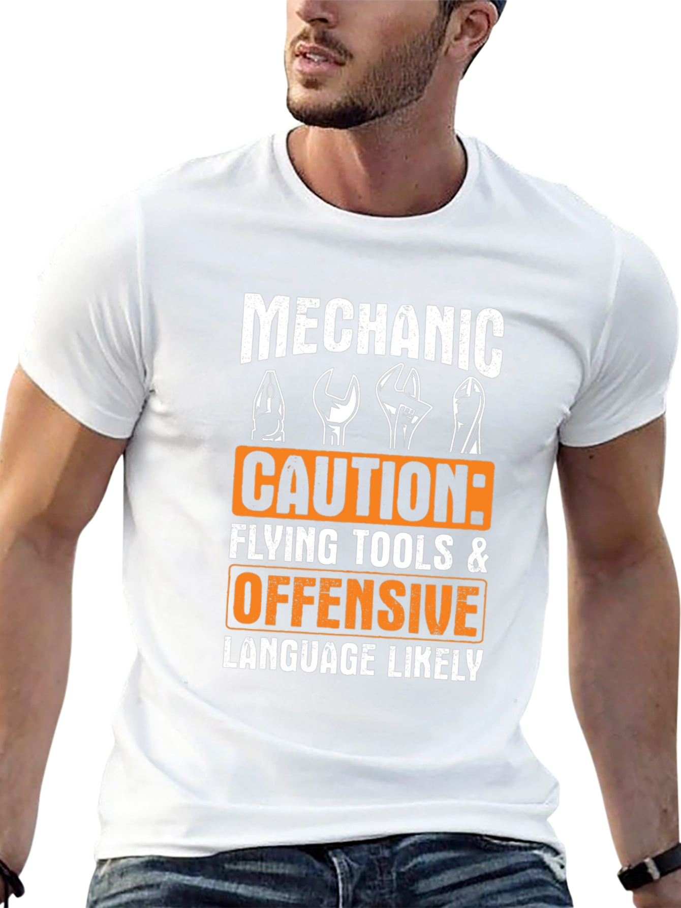 Black Mechanic Caution Offensive Language T-Shirt view 13