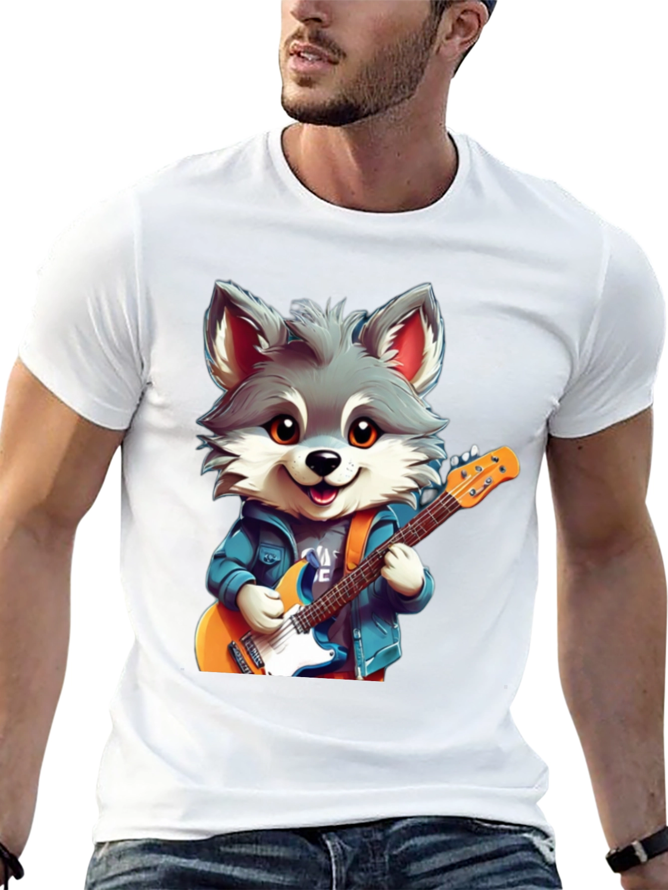 Black Cute Cartoon Wolf Guitarist Graphic Tee view 13