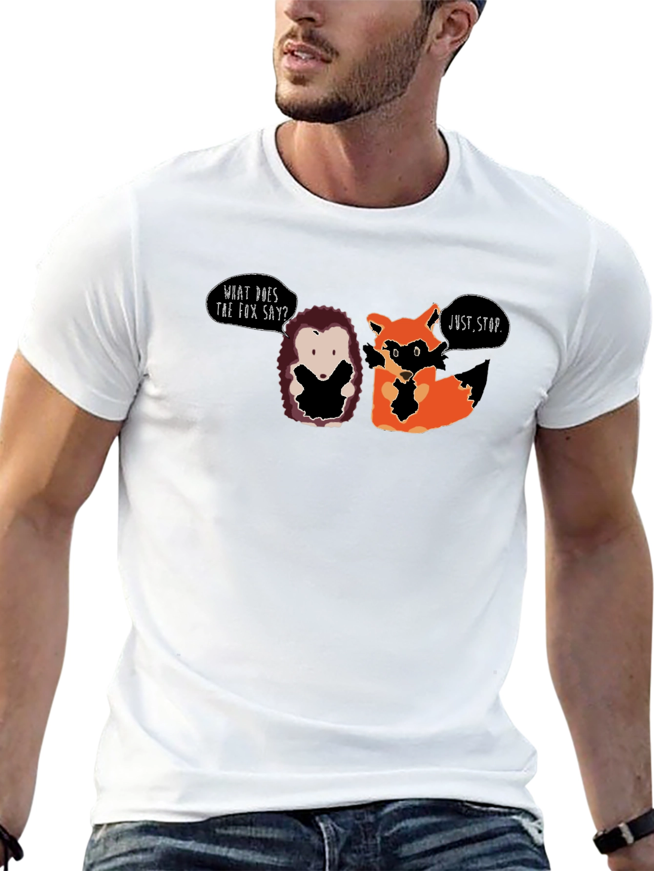 Black Funny Hedgehog & Fox T-Shirt - What Does the Fox Say? view 13