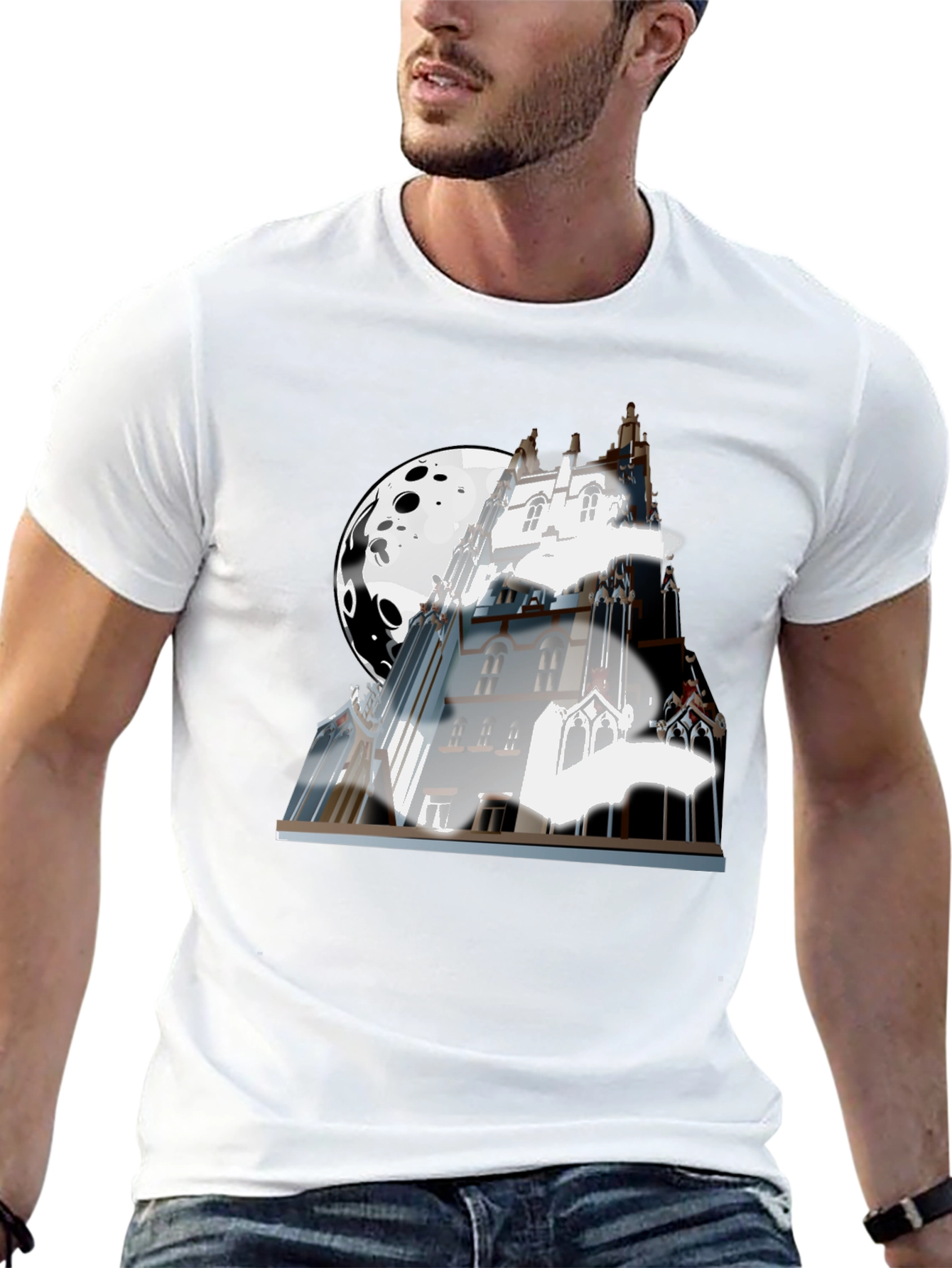 Black Spooky Castle Moon Graphic T-Shirt - Black view 13