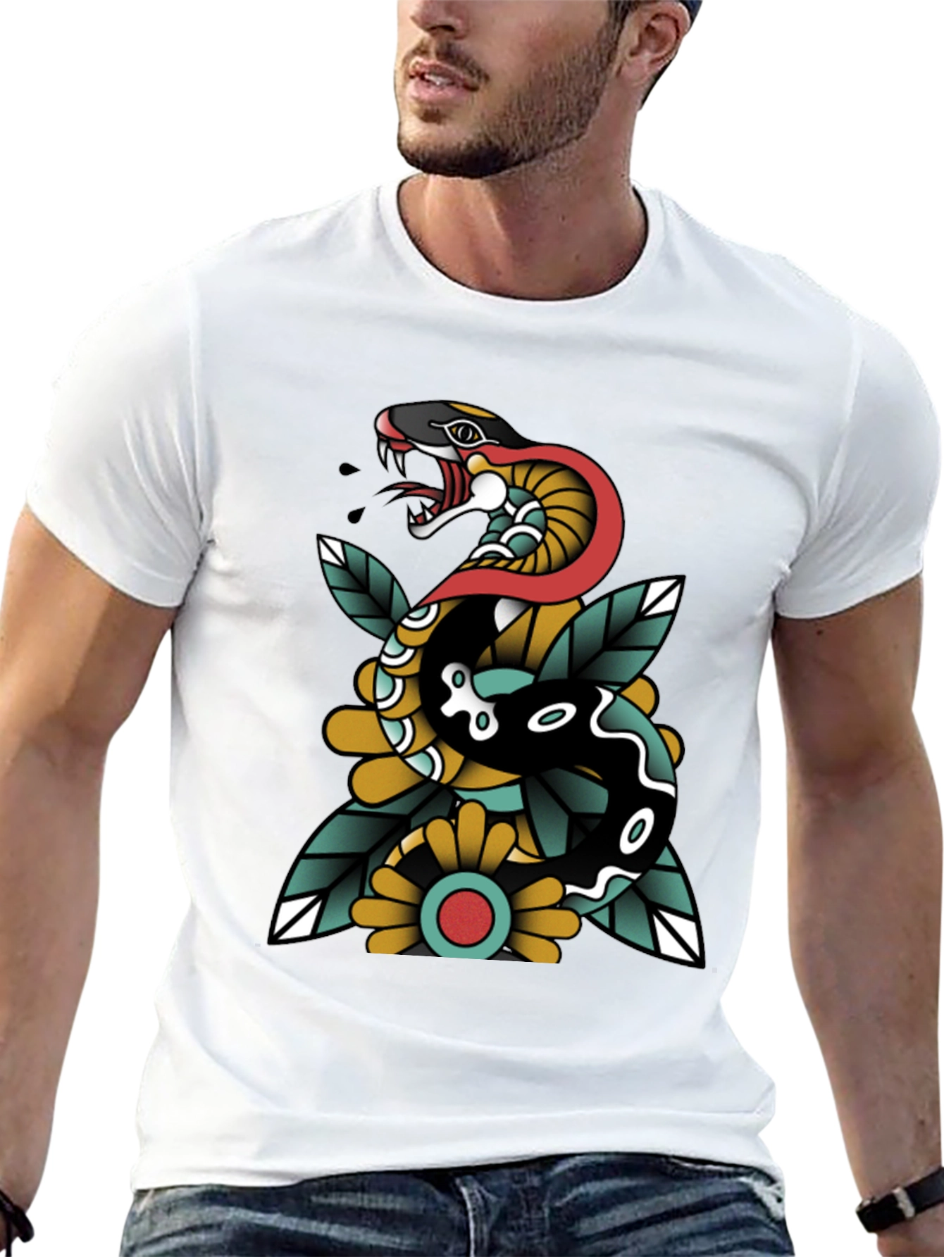 Black Snake & Flower Graphic Tee - Traditional Tattoo Style view 13