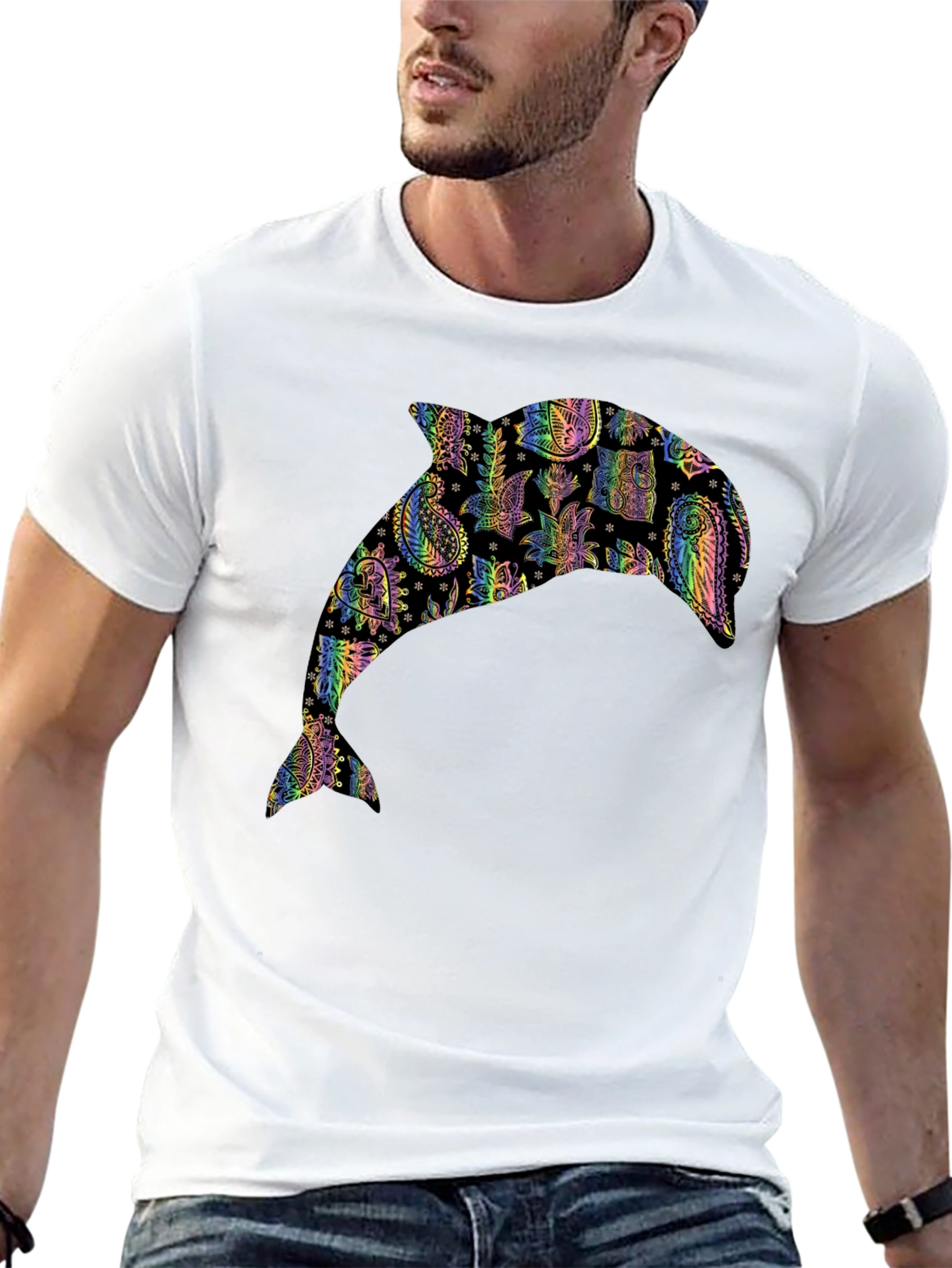 Black Dolphin Paisley Pattern Black T-Shirt view 13