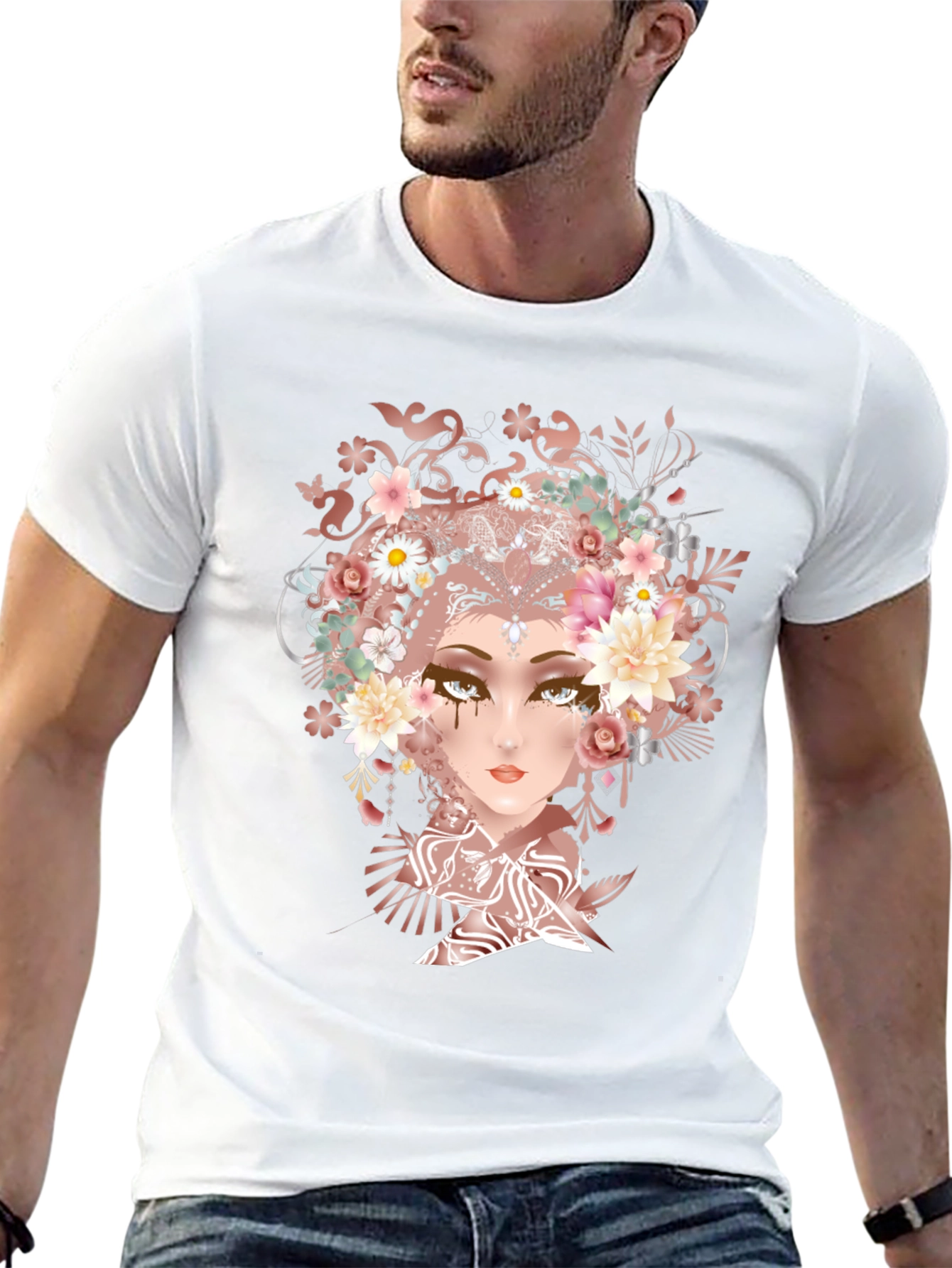 Black Floral Goddess Graphic Tee - Black Cotton T-Shirt view 13