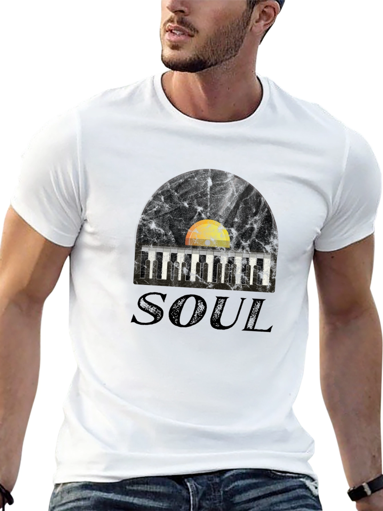 Black Soul Music Record & Piano Keys Graphic T-Shirt view 13