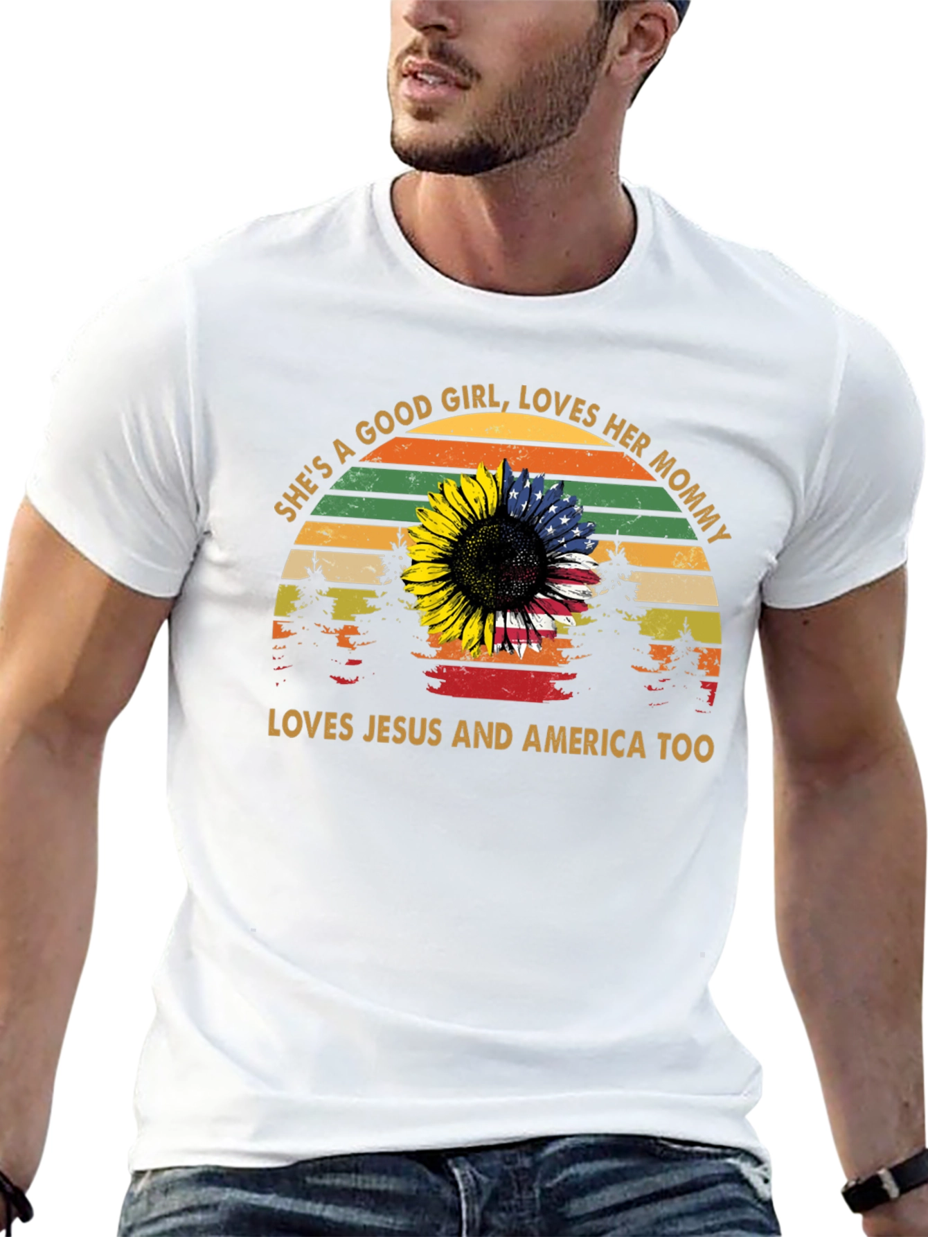 Black She's a Good Girl Tee: Sunflower & US Flag Design view 13