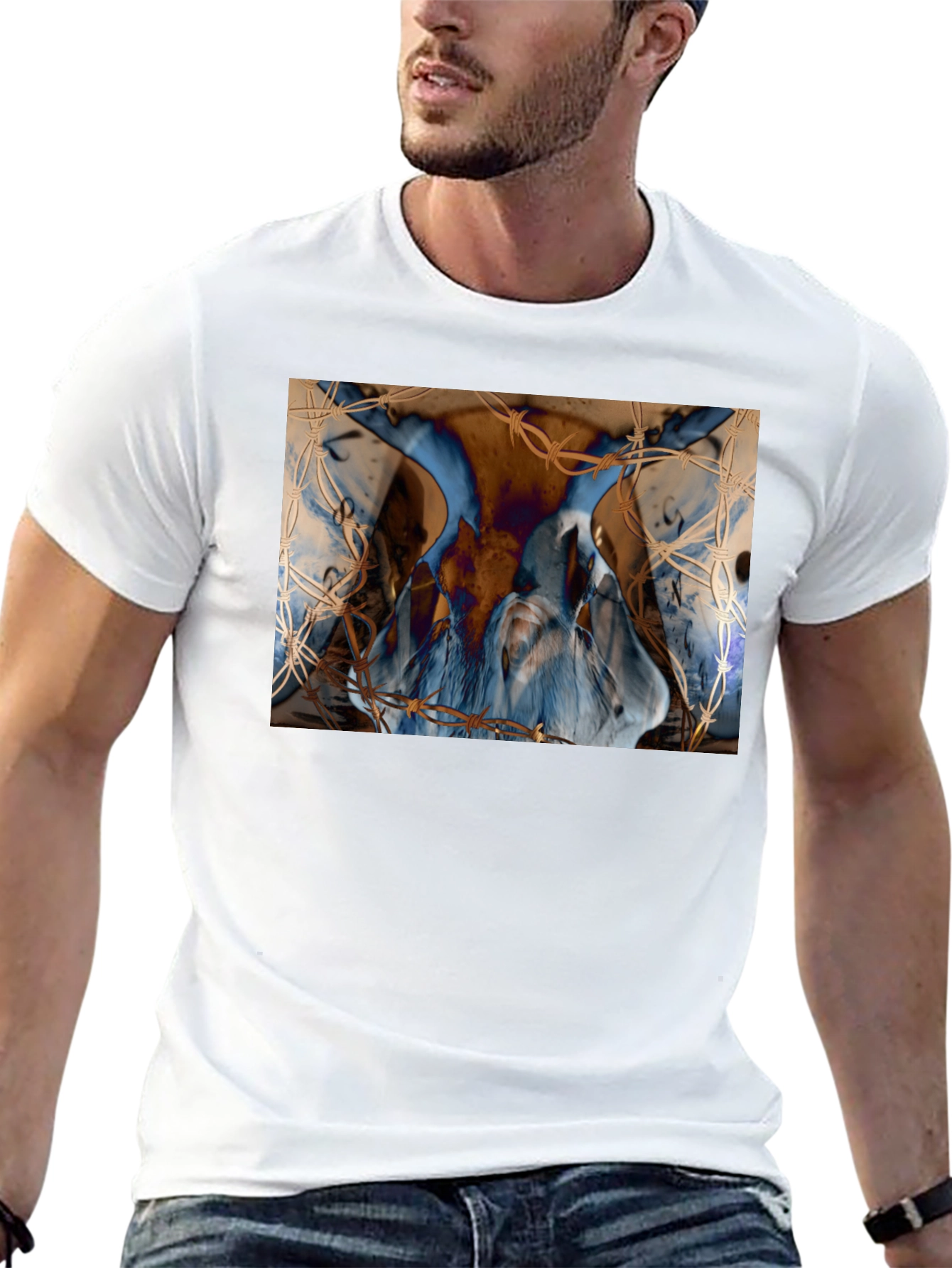 Black Artistic Blue & Brown Barbed Wire Graphic Tee view 13