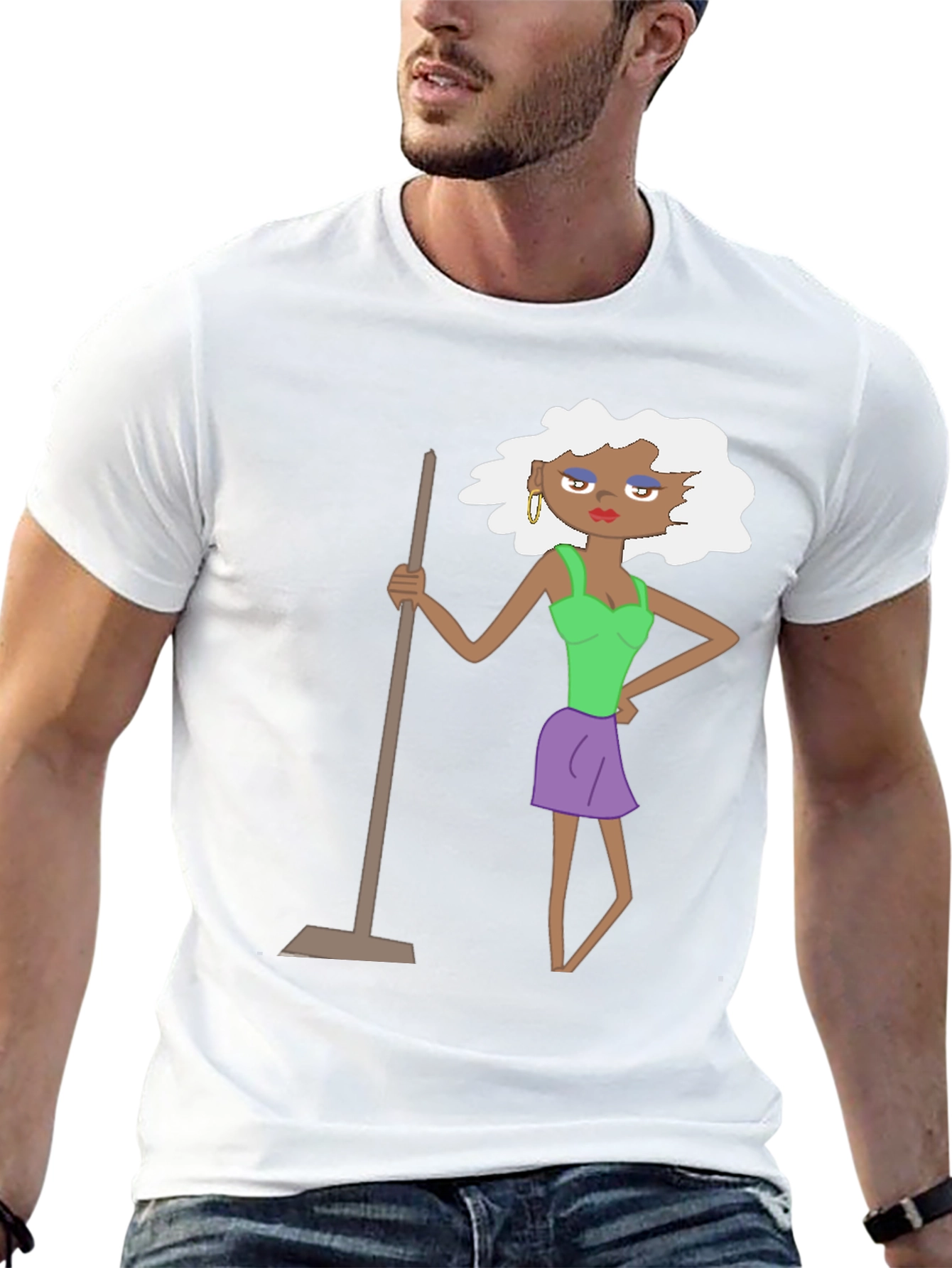 Black Funny Cartoon Woman on Black T-Shirt view 13