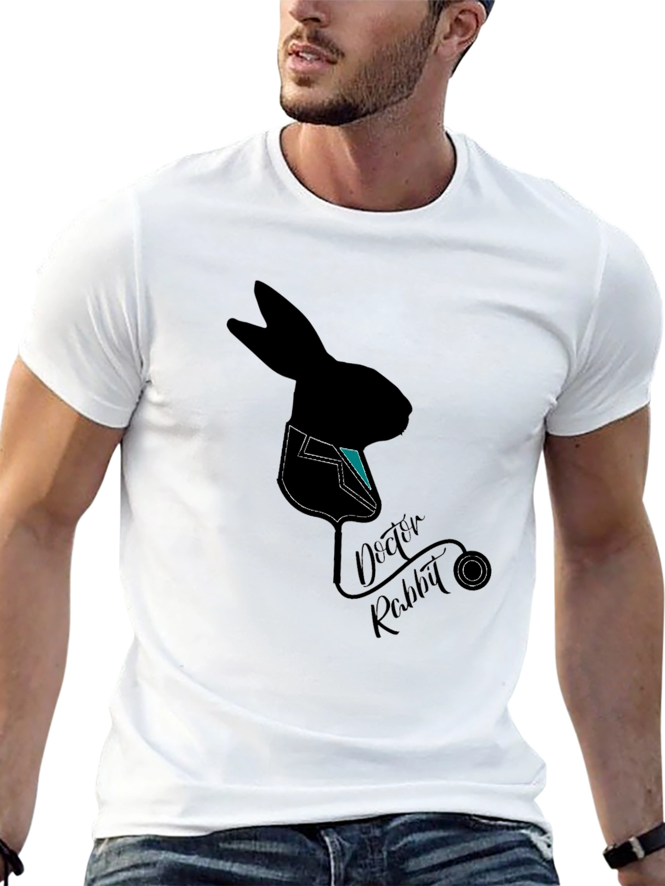 Black Doctor Rabbit Graphic T-Shirt - Black Cotton Tee view 13