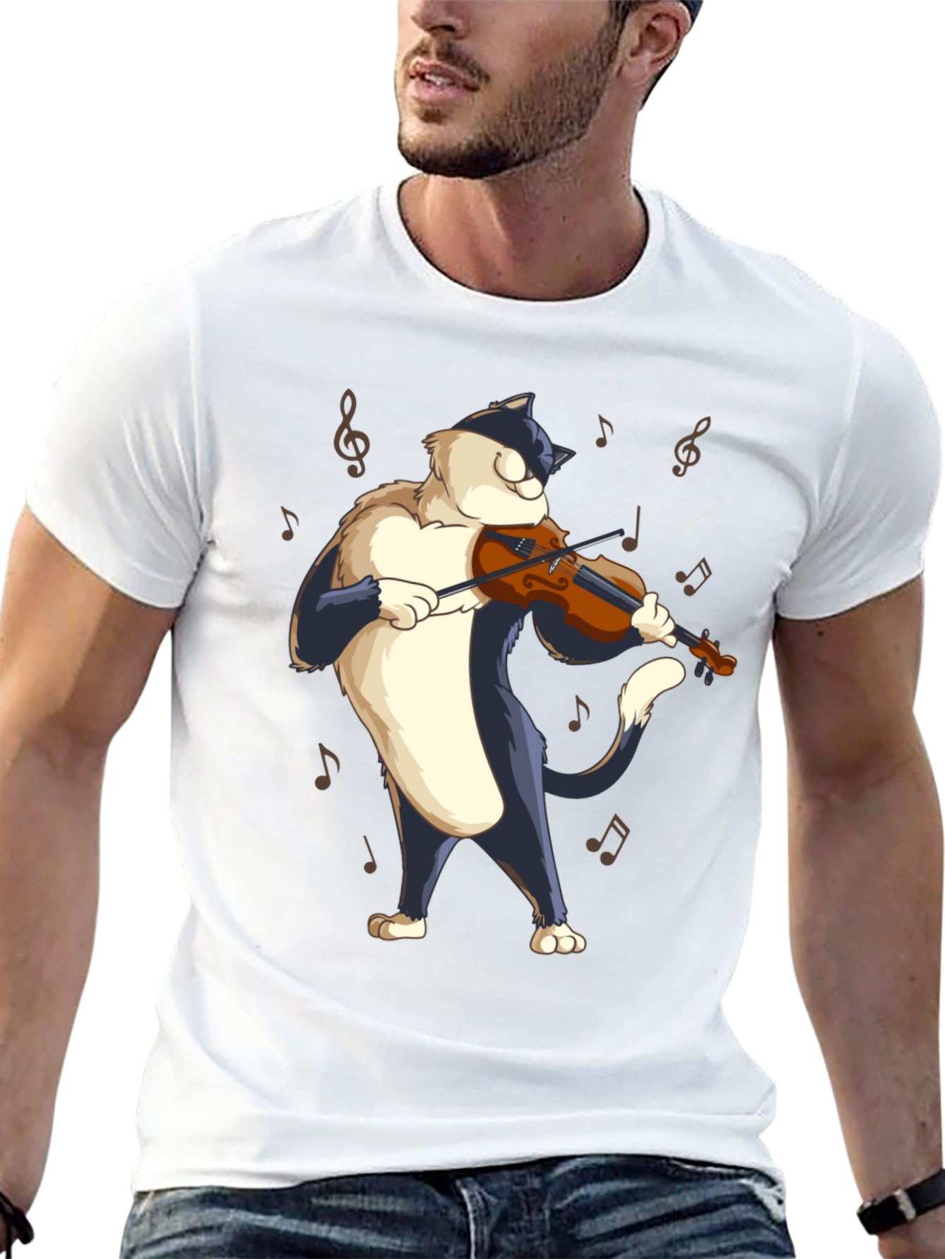 Black Cat Violinist Black T-Shirt - Musical Feline Tee view 13