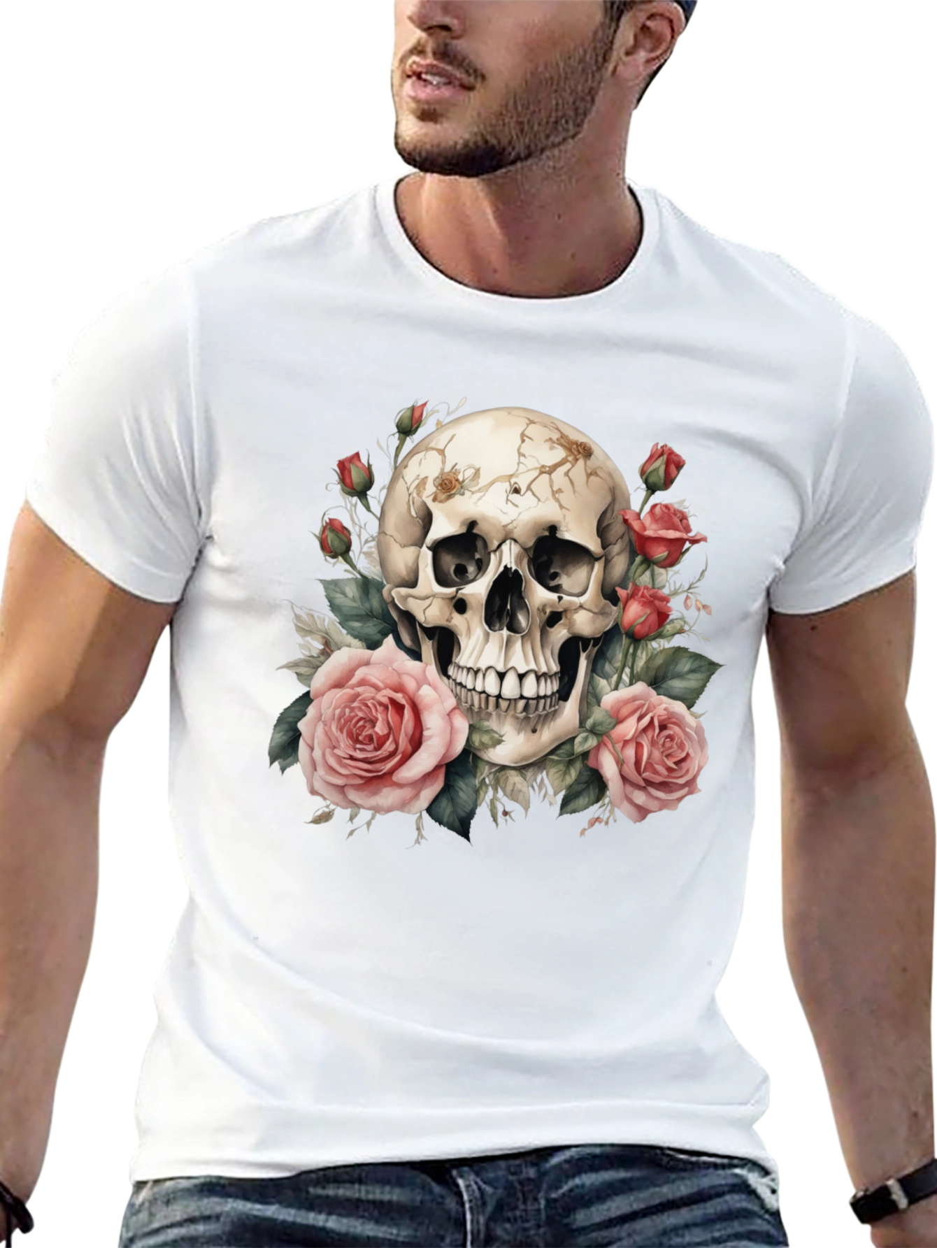 Black Skull & Roses Graphic Tee - Black Cotton T-Shirt view 13