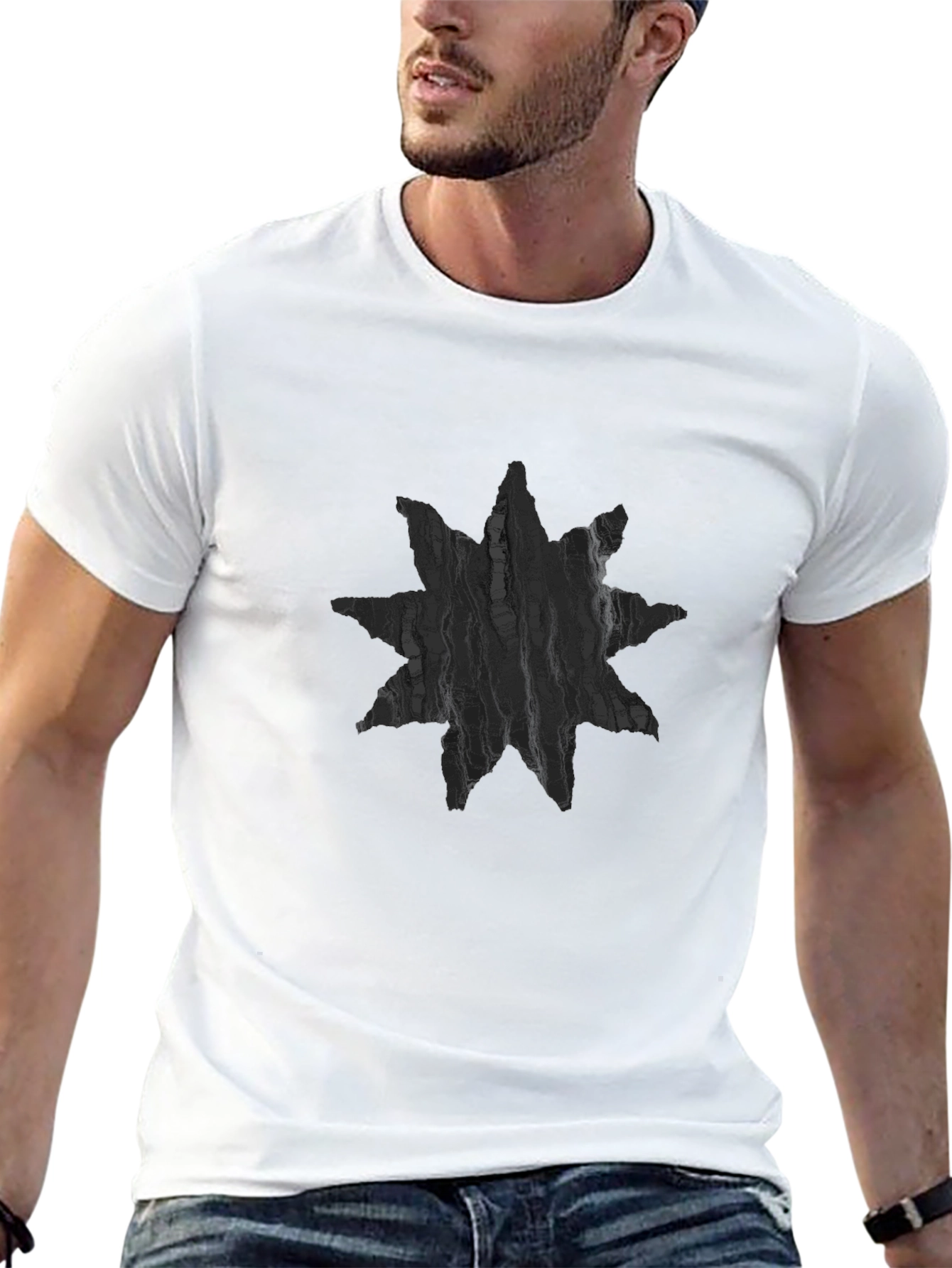 Black Abstract Star Design Men's Black T-Shirt view 13