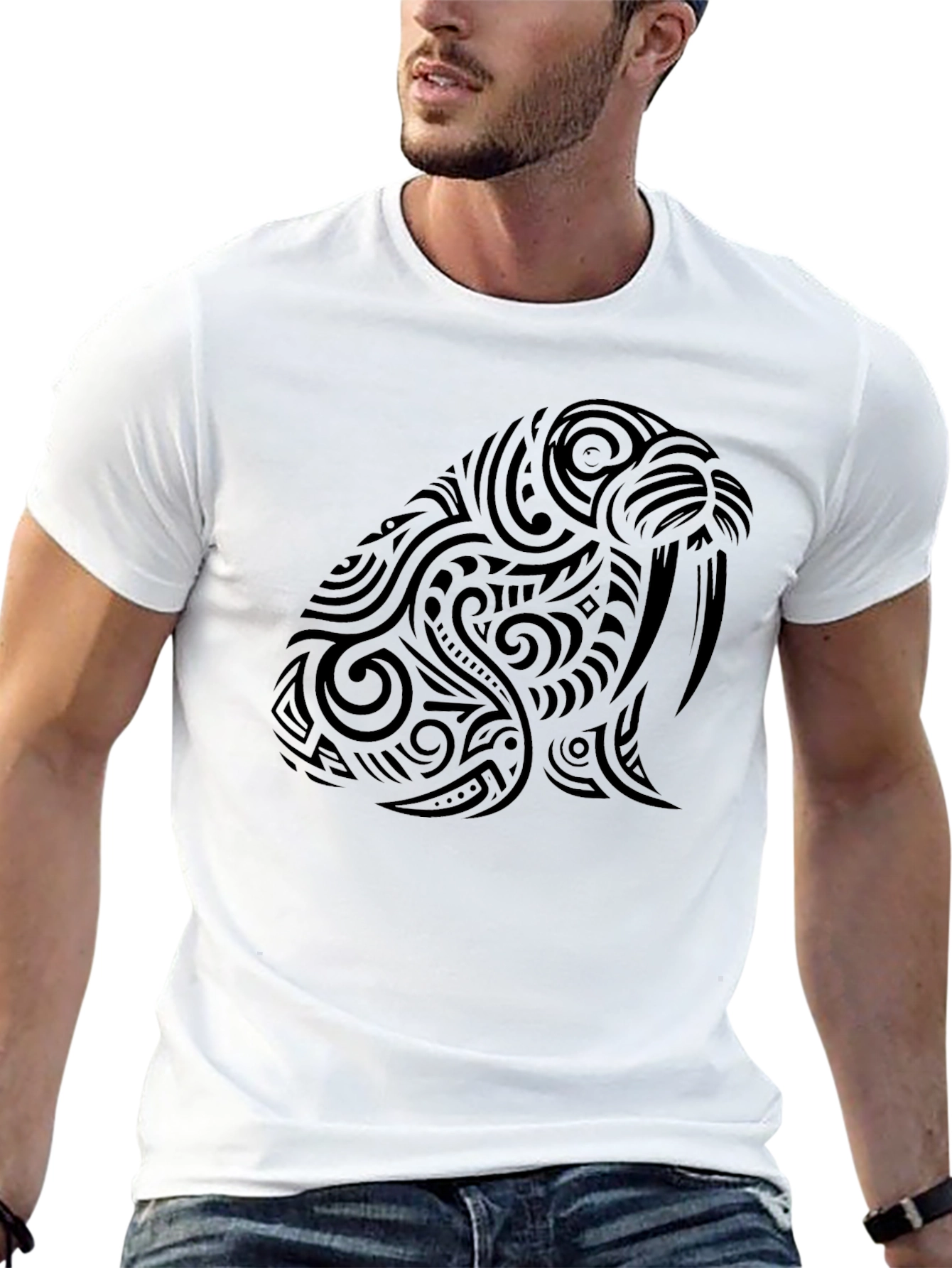 Black Tribal Walrus Graphic Tee - Black Cotton T-Shirt view 13