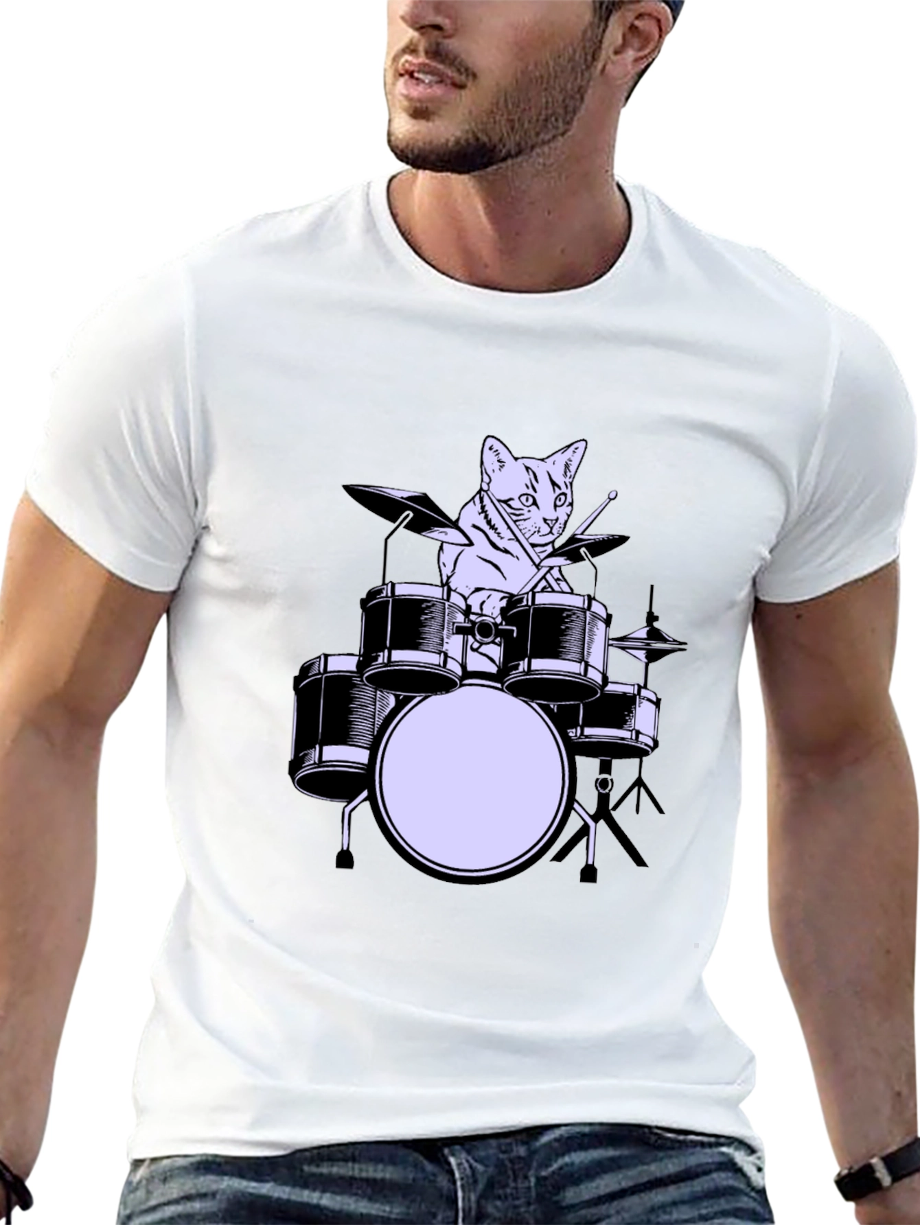 Black Cat Drummer Graphic Tee - Cool Musician Cat Shirt view 13