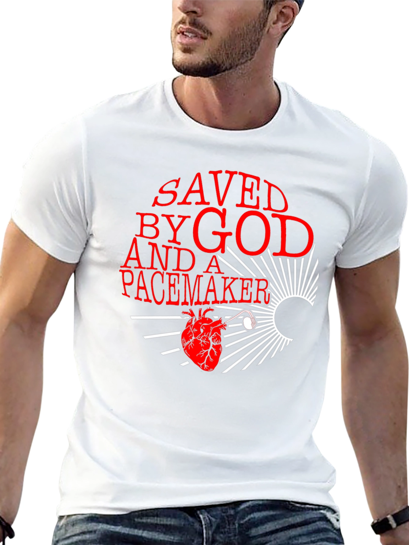 Black Saved By God and a Pacemaker Graphic T-Shirt view 13