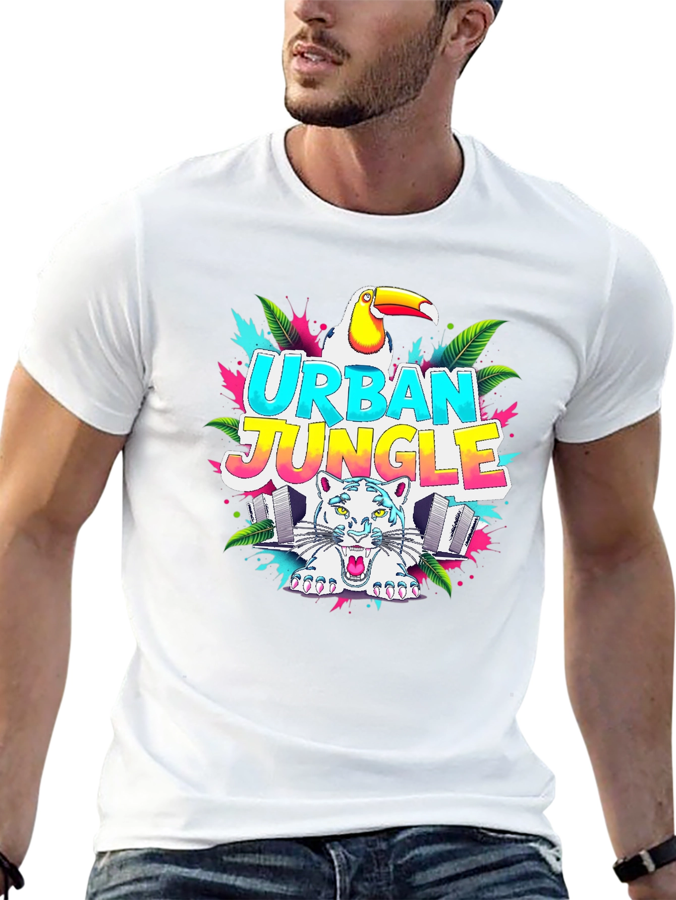 Black Urban Jungle Graphic T-Shirt - Tropical Toucan & Tiger view 13