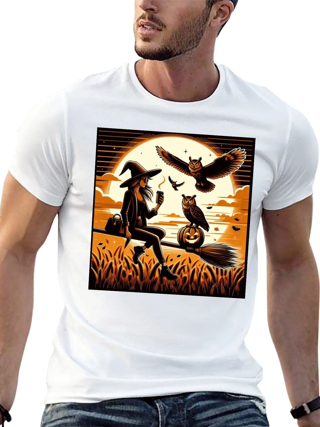 Black Witch & Owl Halloween T-Shirt view 13