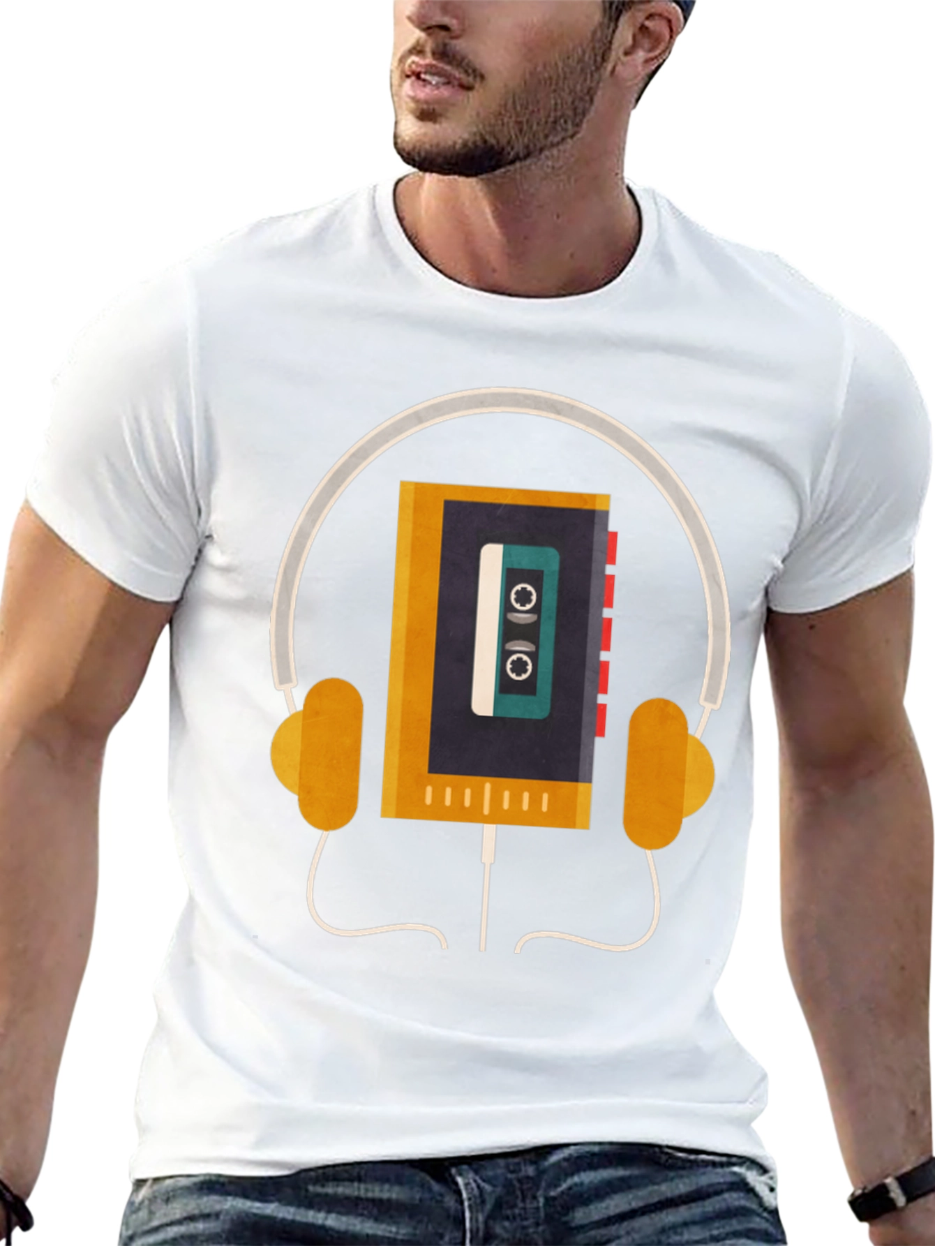 Black Retro Cassette Player Headphones Graphic Tee view 13