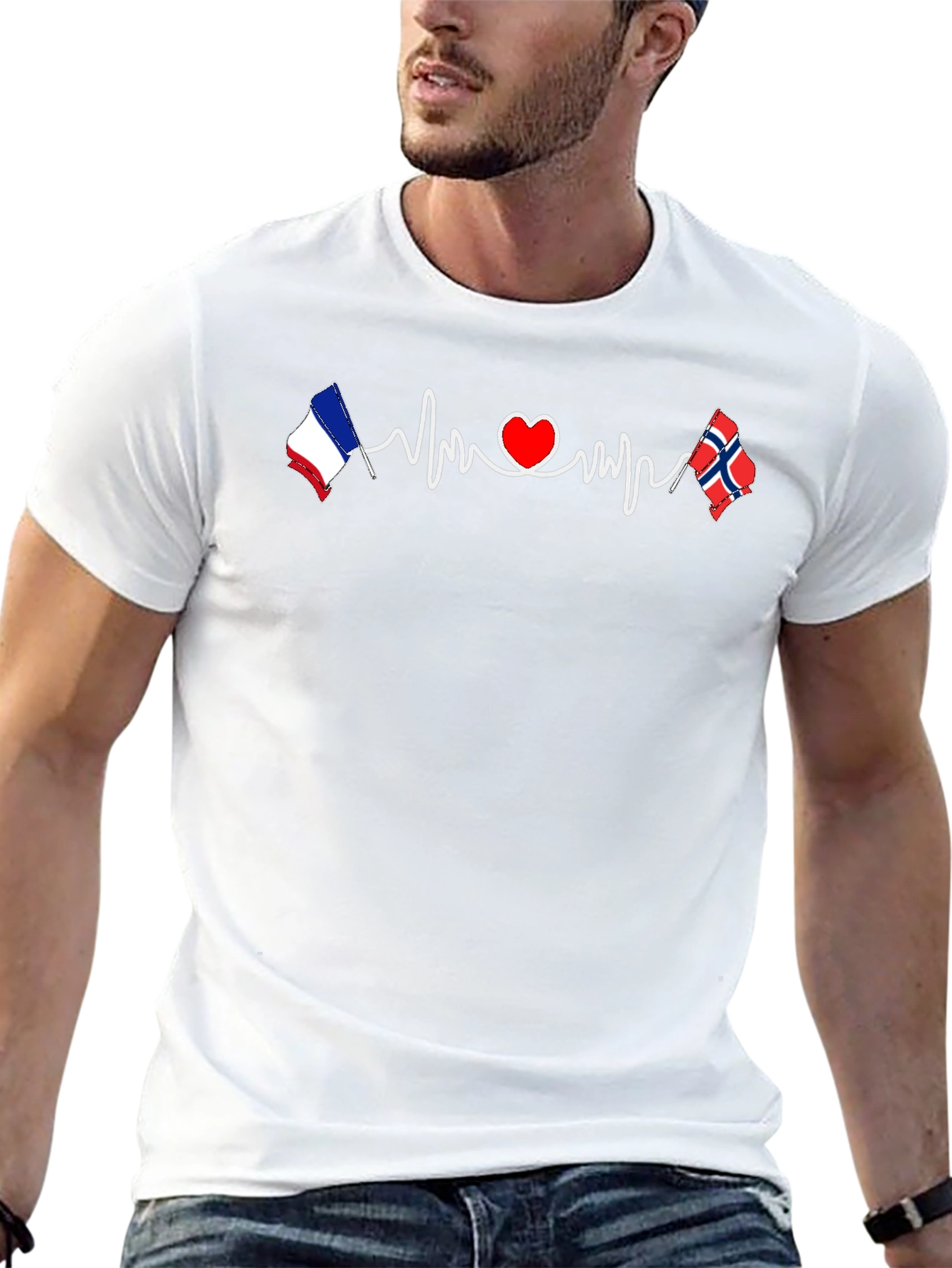 France Norway Love Heartbeat T-Shirt - 13