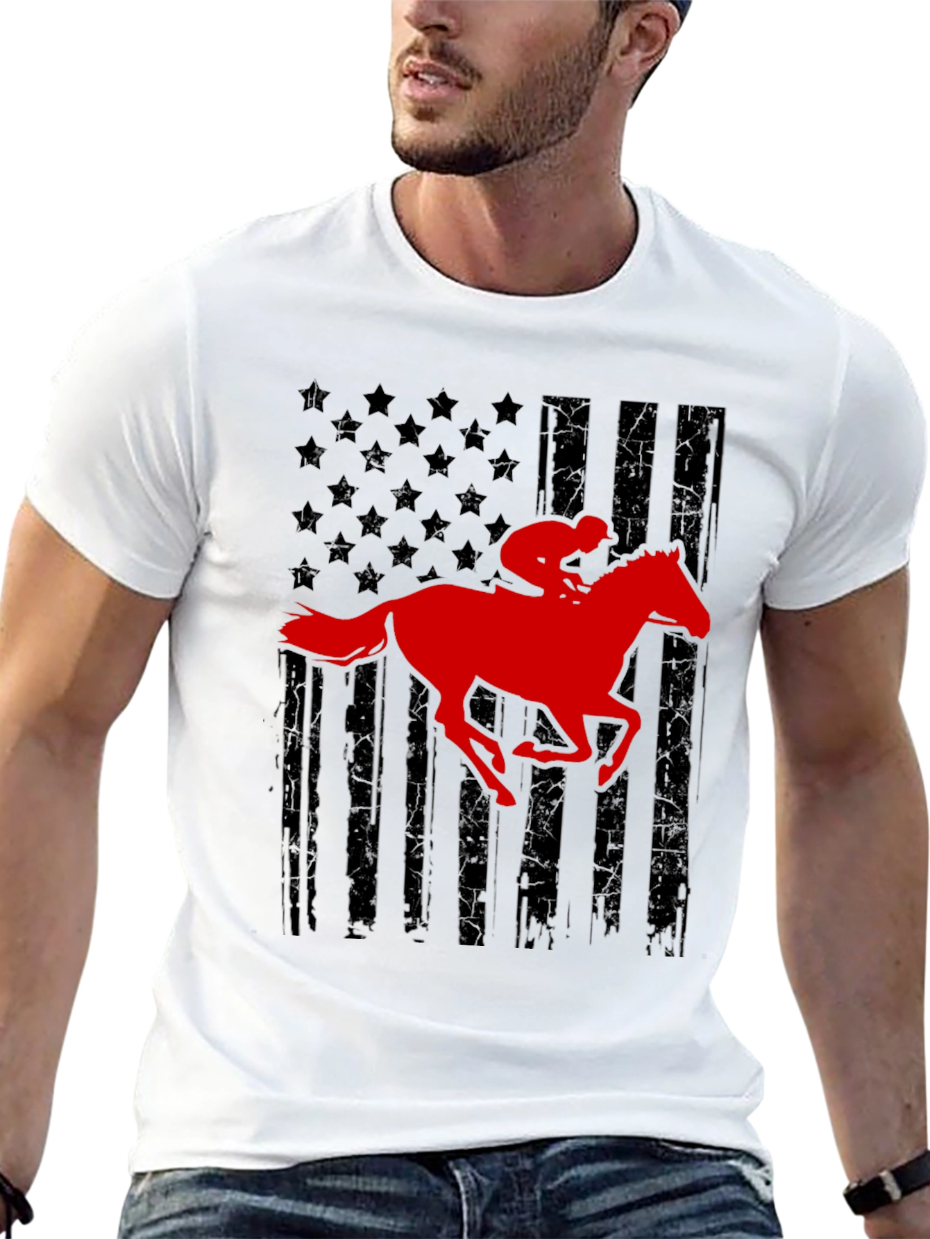 Black American Flag Horse Racing T-Shirt view 13