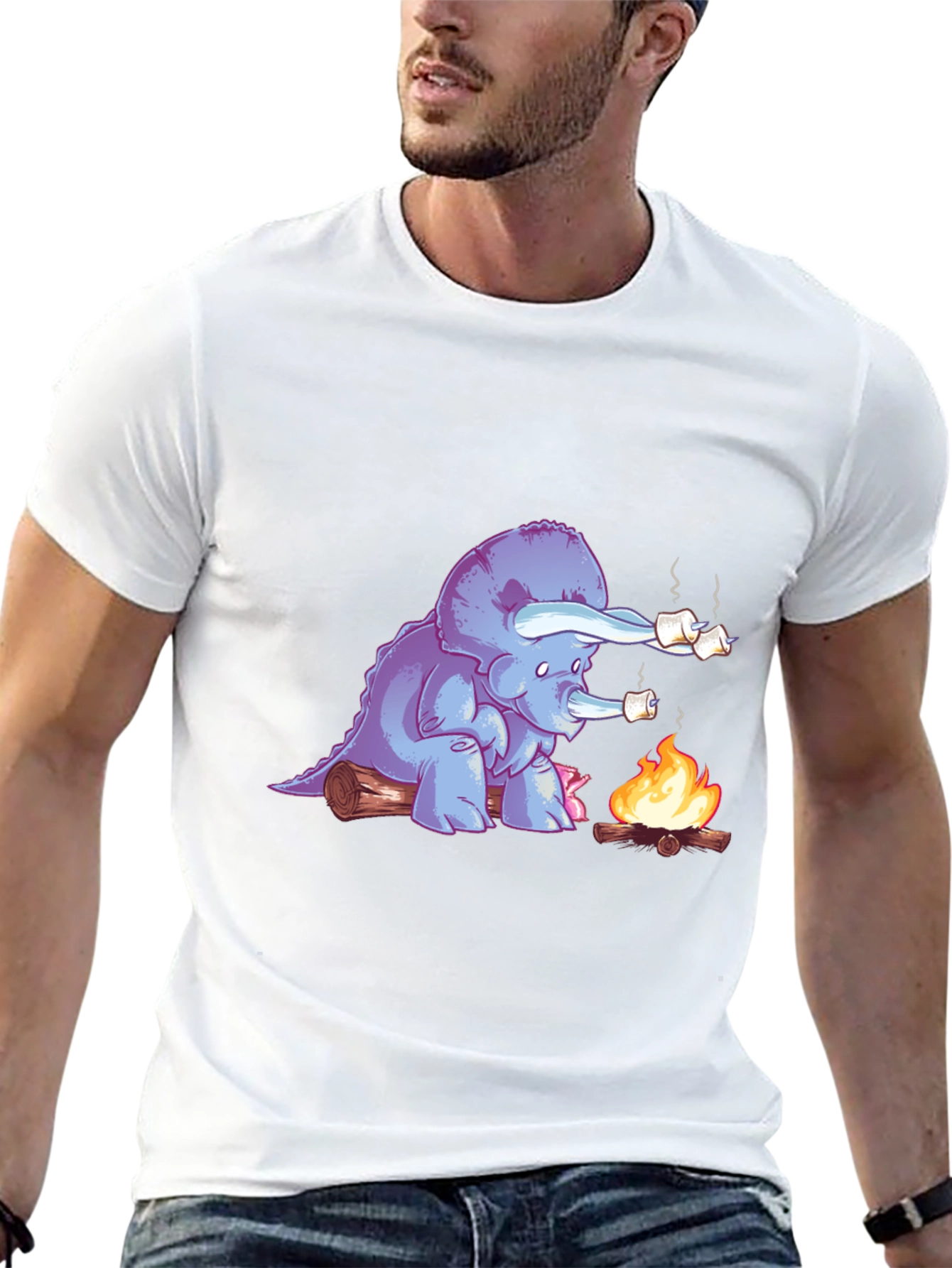 Black Dino Campfire T-Shirt - Marshmallow Roasting Triceratops  view 13
