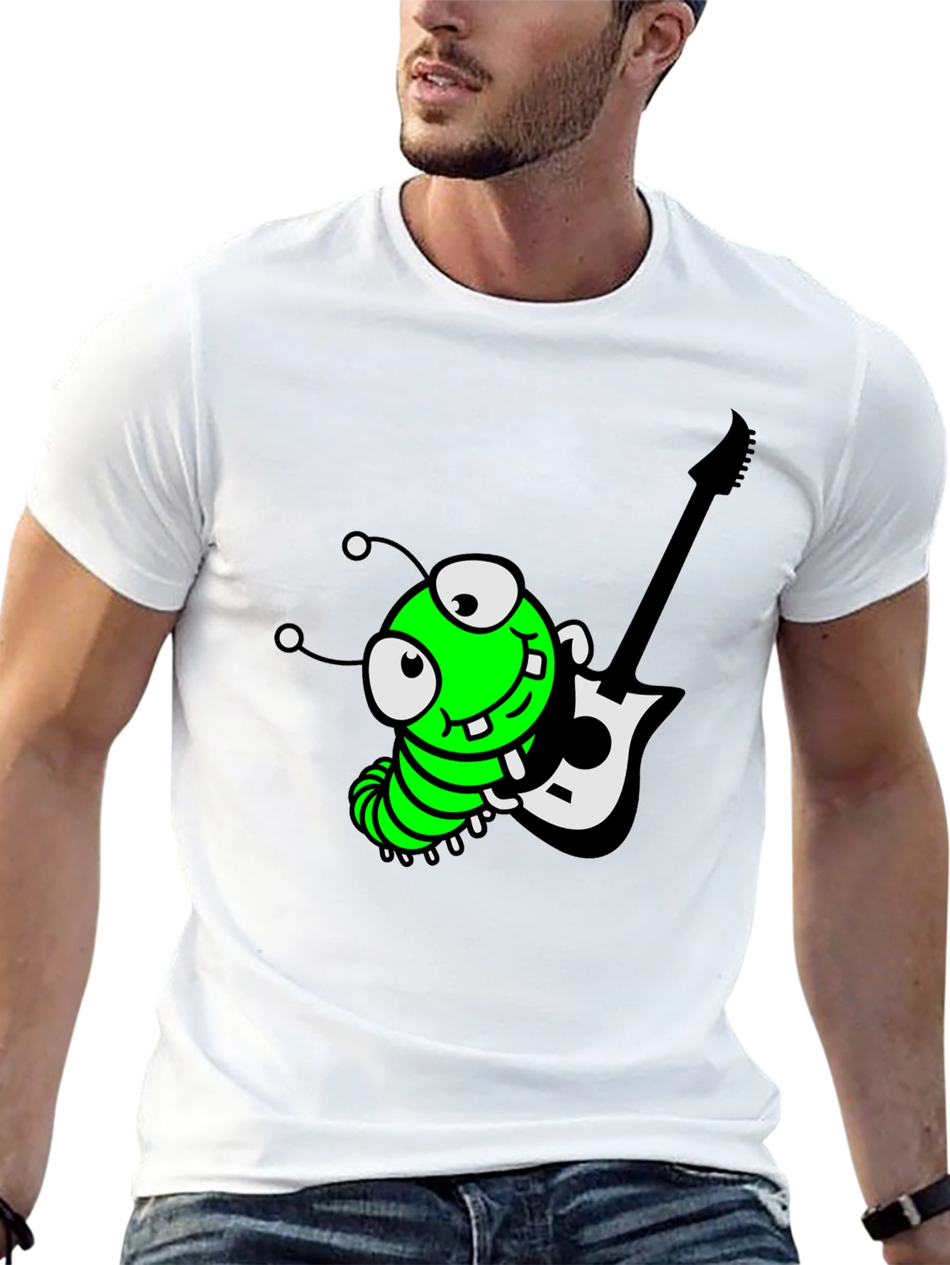 Black Cartoon Caterpillar Guitarist Graphic Tee view 13