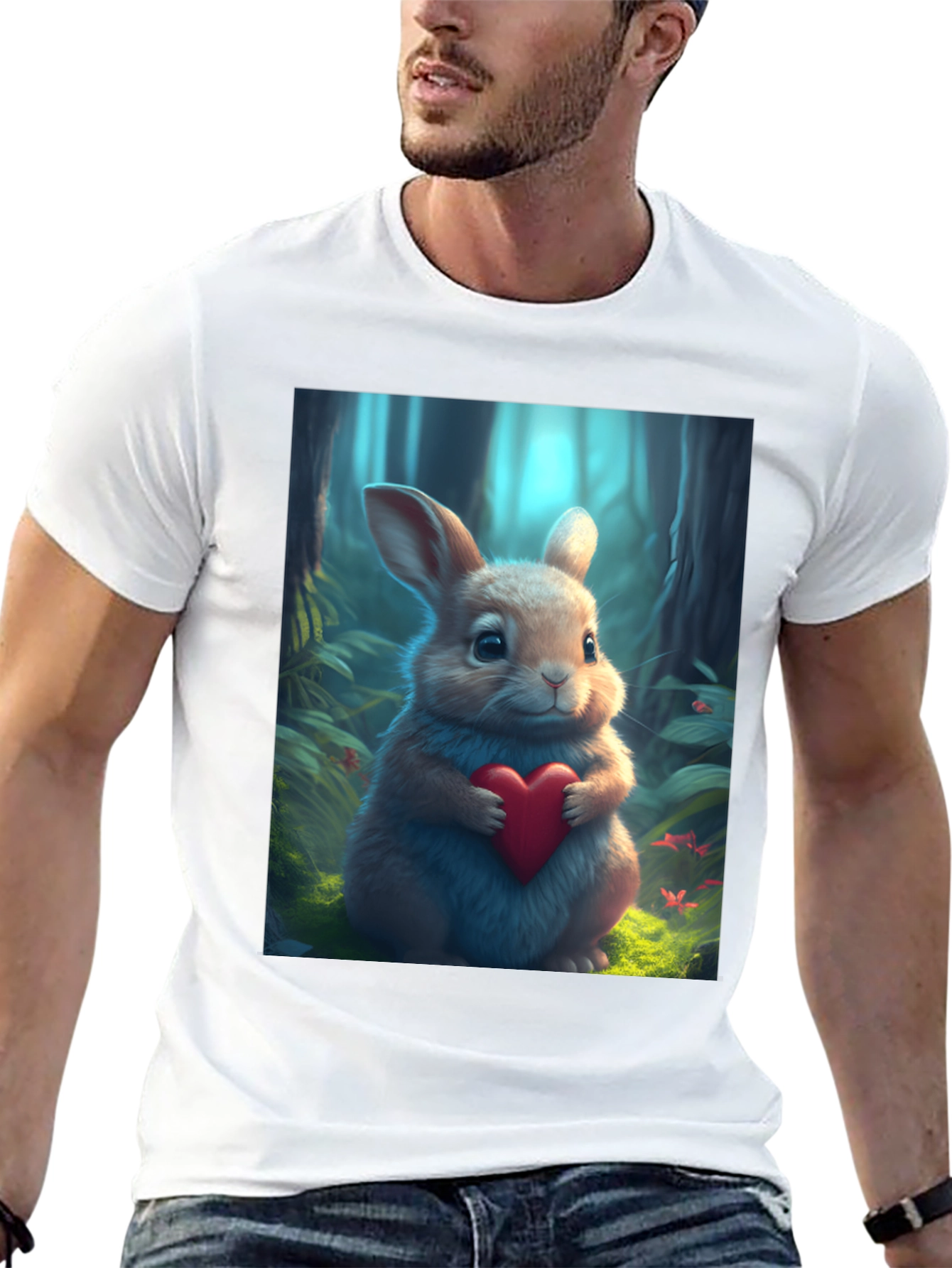 Black Cute Bunny Heart Graphic Tee - Soft Black Cotton Blend view 13