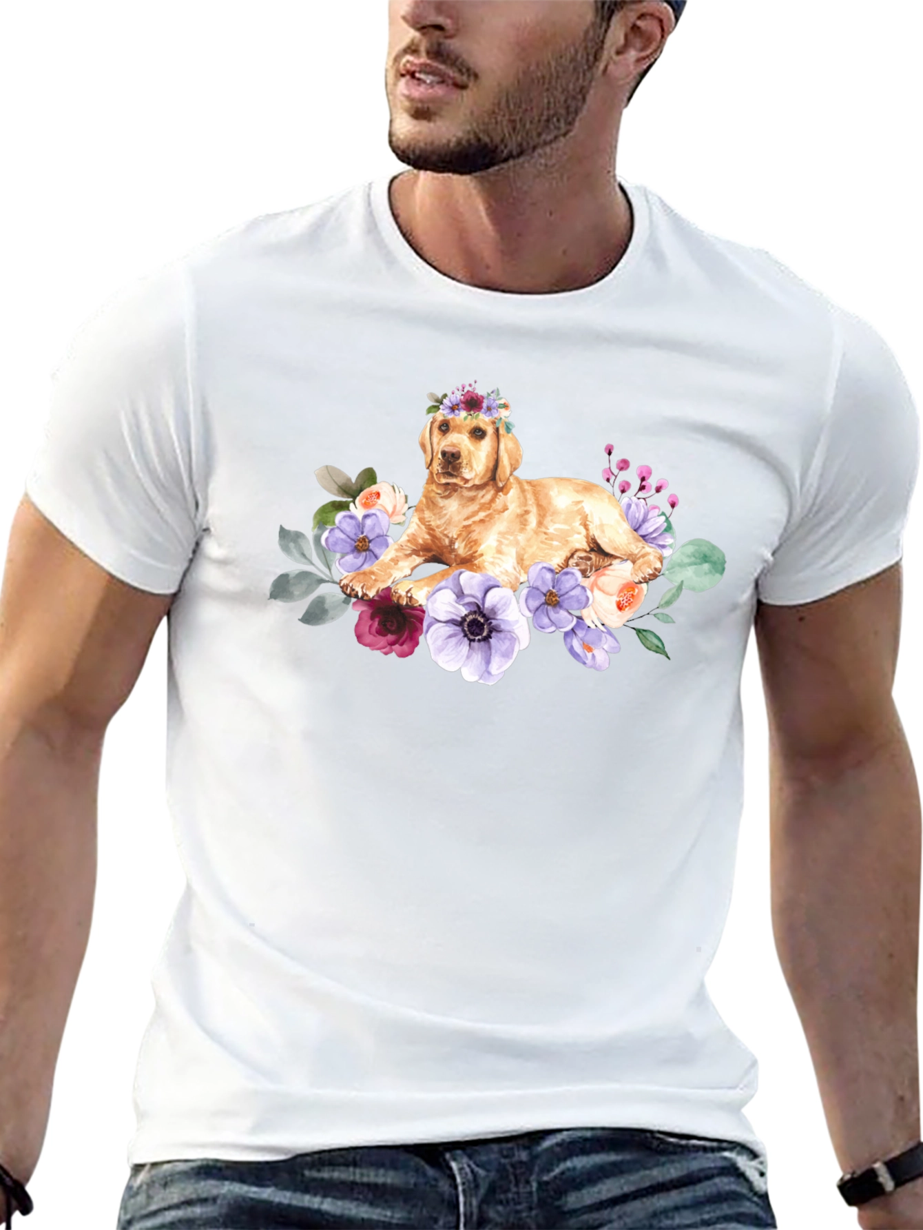Black Golden Retriever Floral Crown T-Shirt view 13