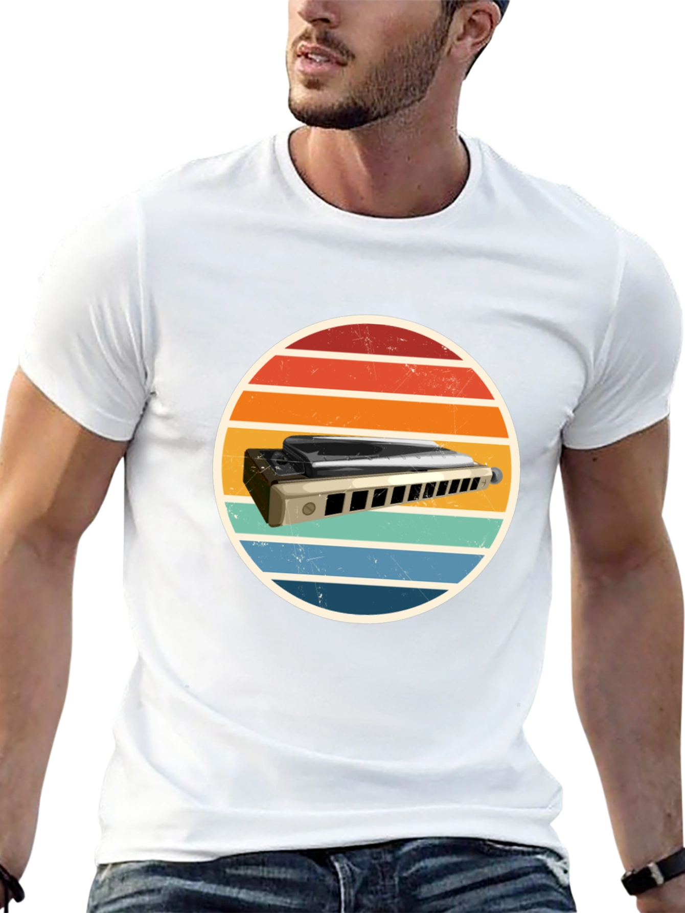 Black Retro Harmonica T-Shirt - Vintage Music Tee view 13