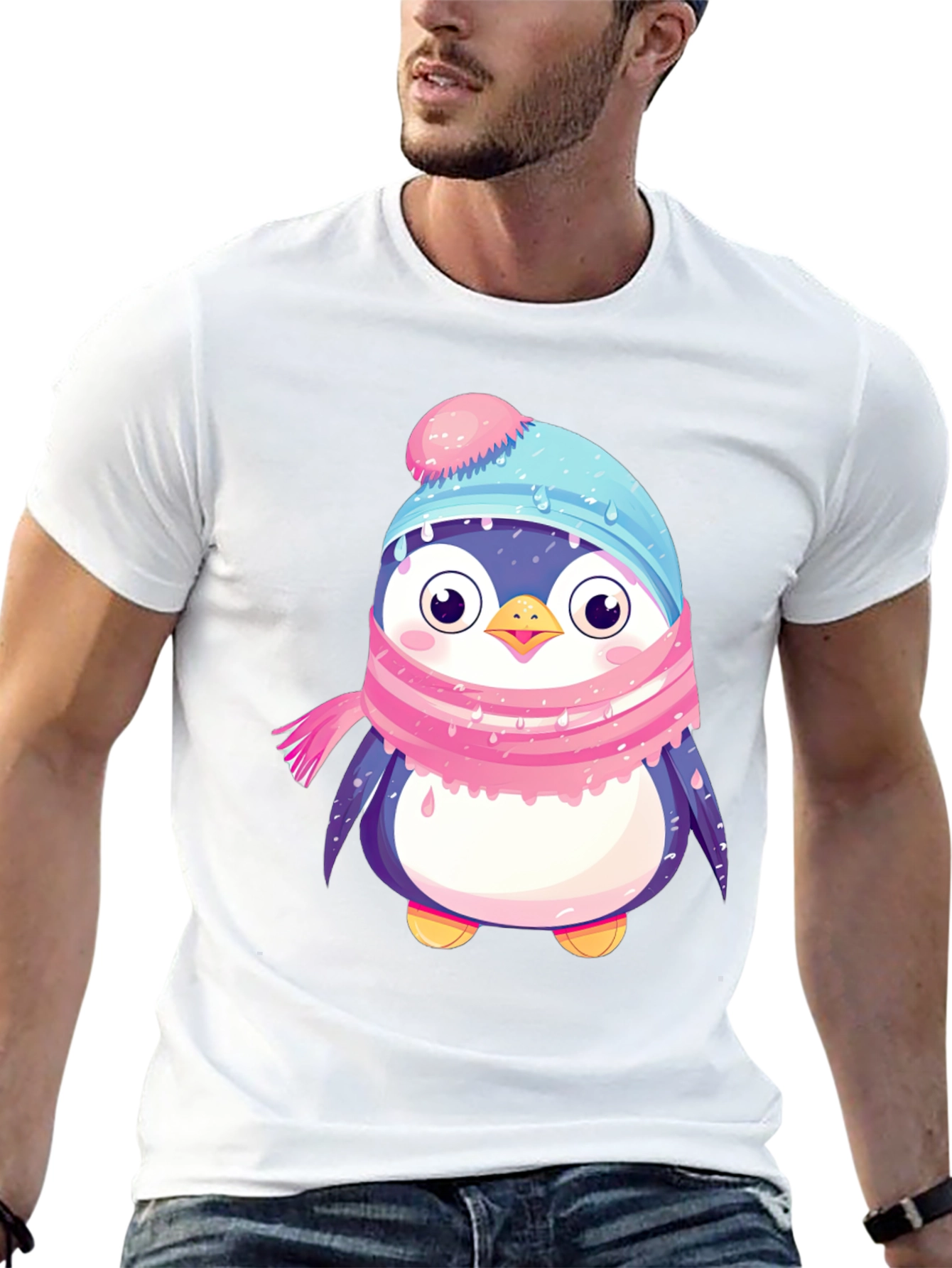 Black Cute Penguin Winter Hat Scarf T-Shirt view 13