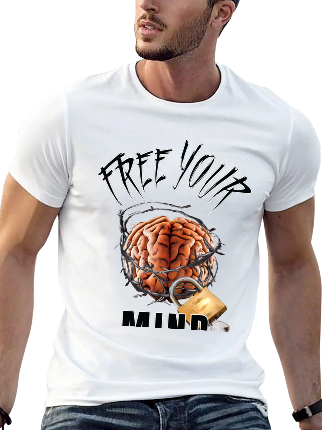 Black Free Your Mind Graphic Tee - Brain & Lock Design view 13