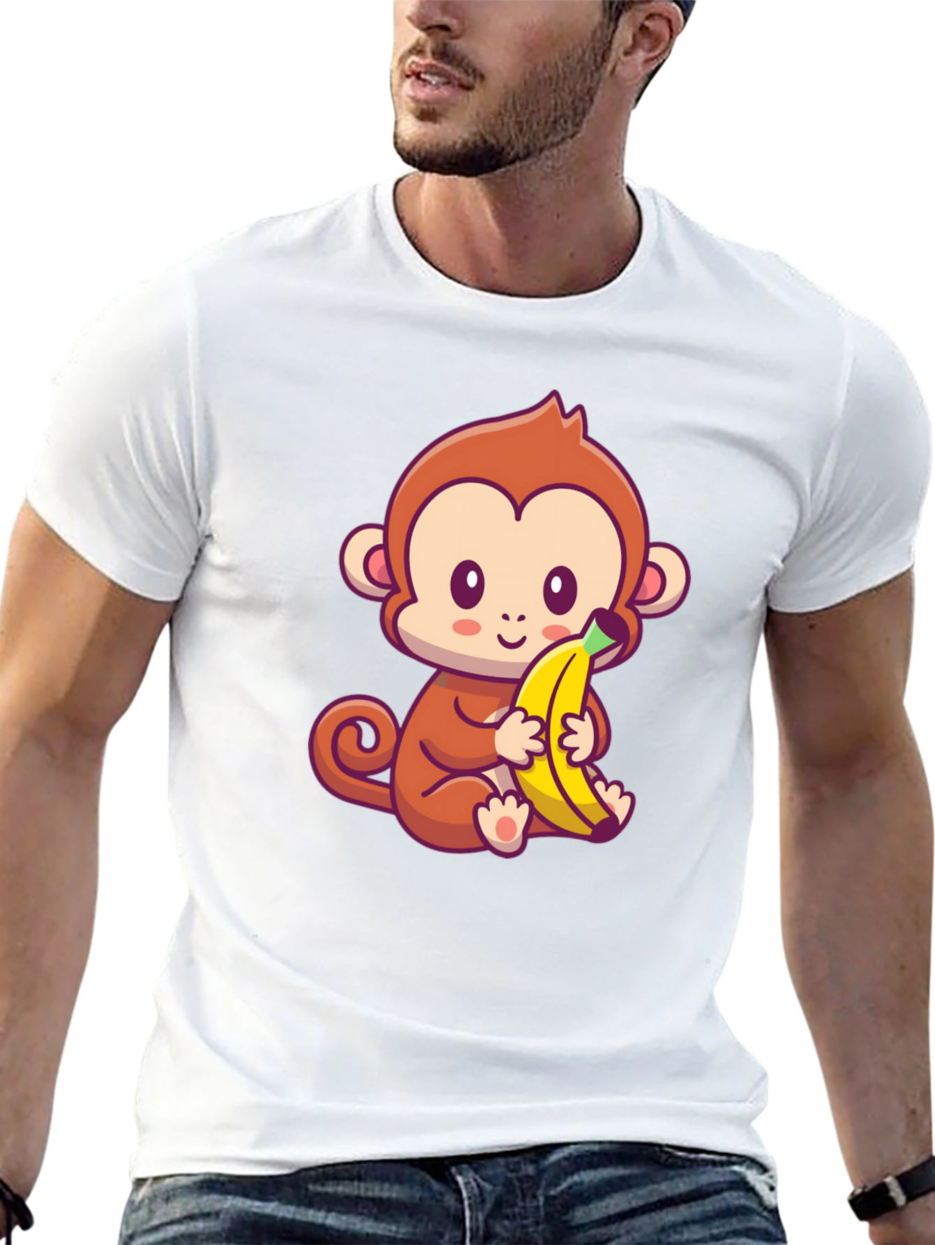 Cute Monkey Banana Graphic Black T-Shirt - 13