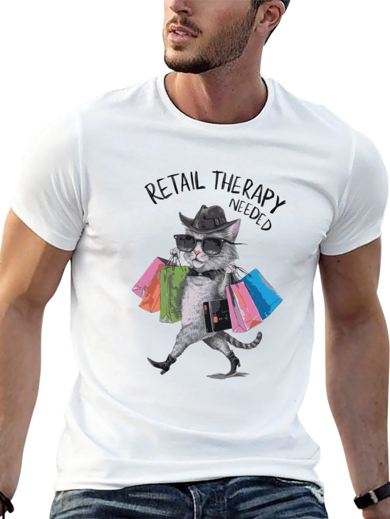 Black Retail Therapy Cat T-Shirt view 13