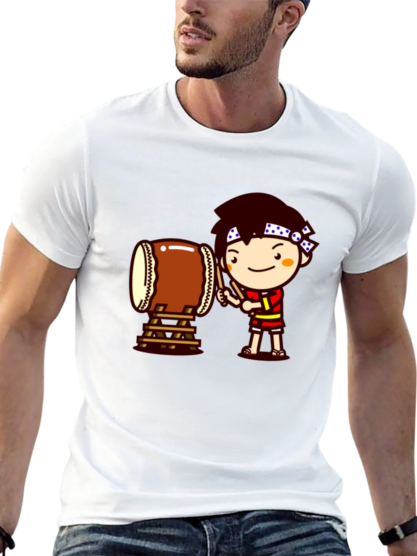 Black Black T-Shirt with Drummer Cartoon Graphic view 13