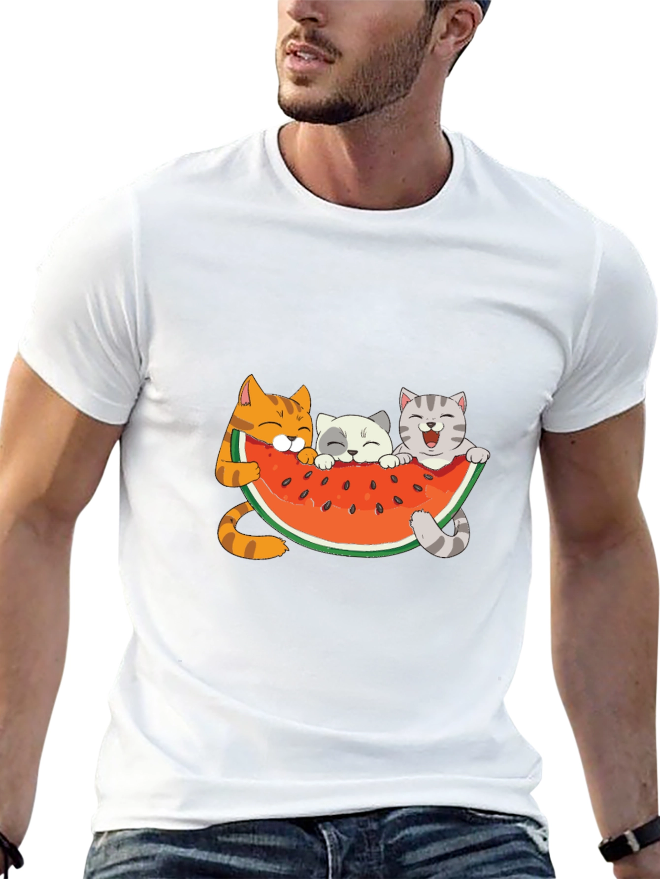 Black Cute Cats & Watermelon Graphic T-Shirt view 13