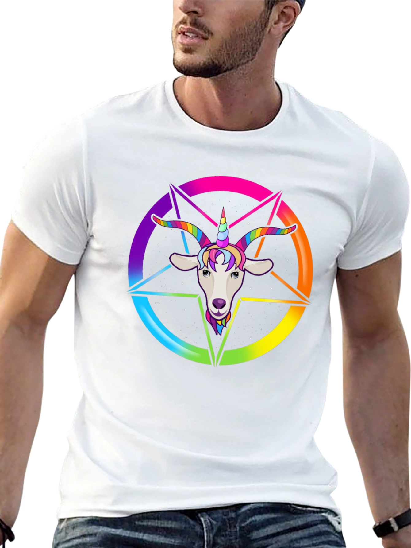Black Rainbow Goat Unicorn Graphic Tee - Men's Black T-Shirt view 13