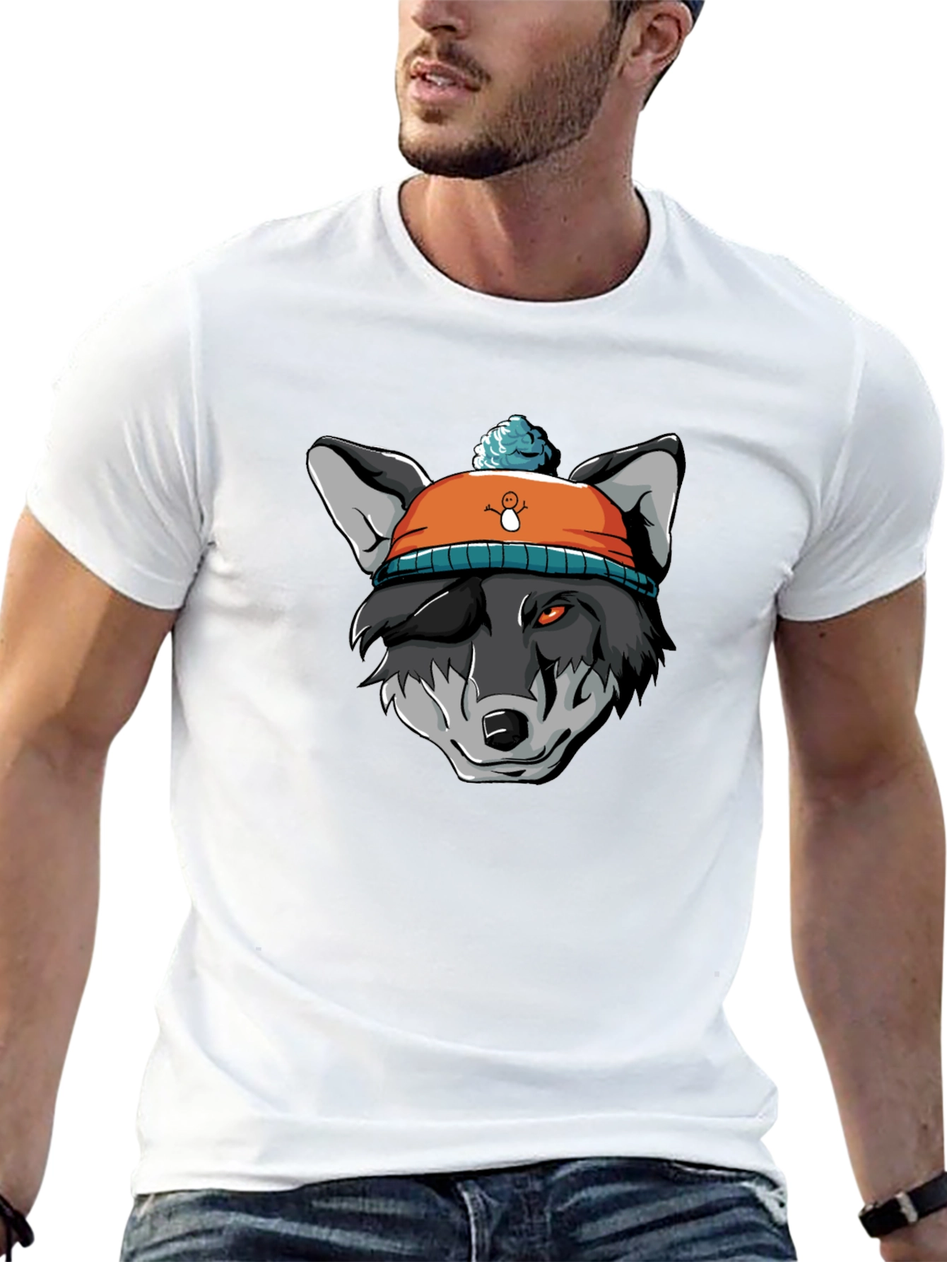 Black Wolf in Beanie Black T-Shirt - Unique Graphic Tee view 13