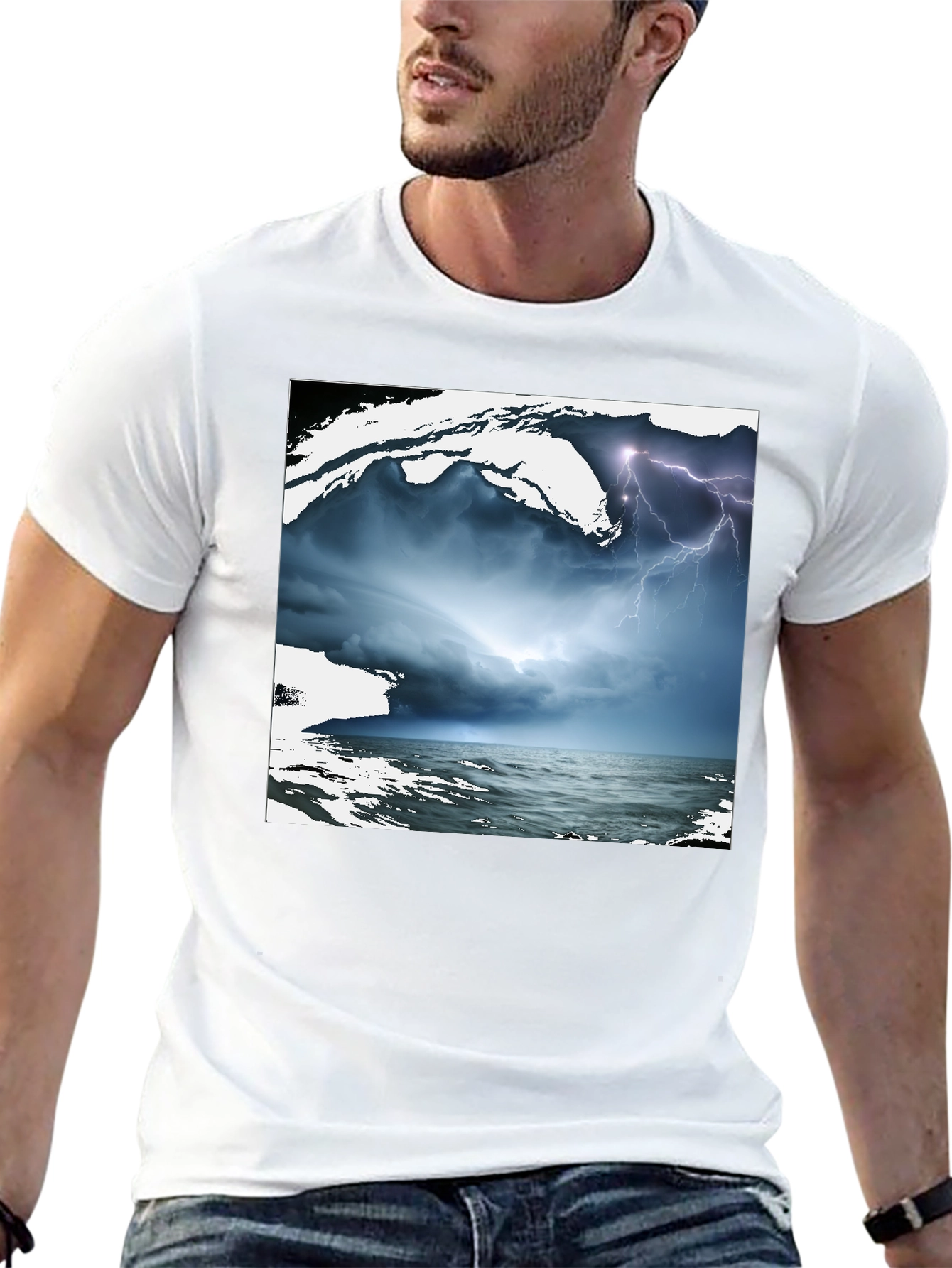 Black Stormy Sea Graphic Tee - Black Cotton T-Shirt view 13
