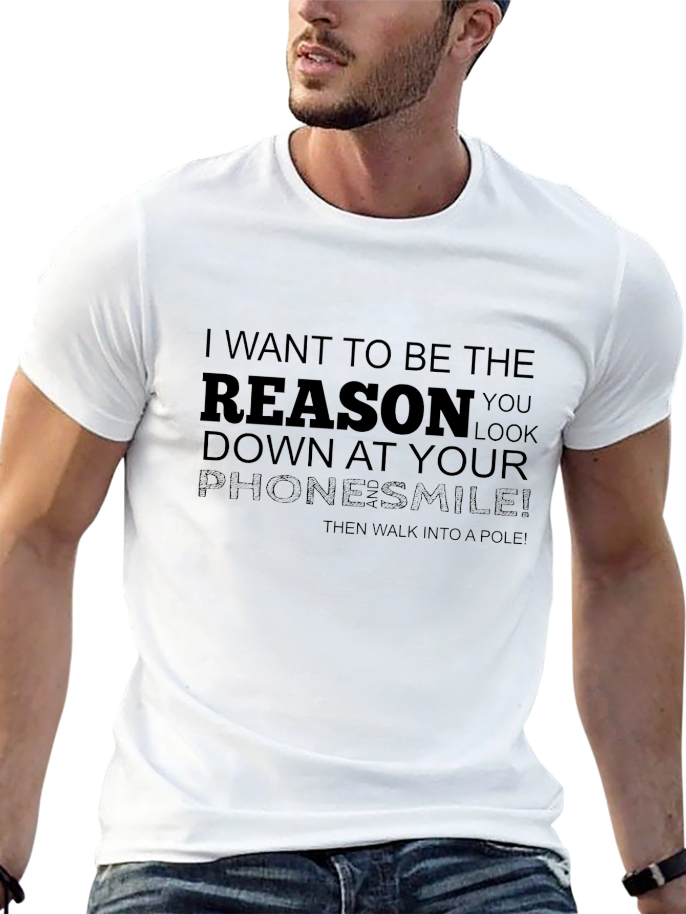 Black Humorous "Reason You Look Down" Black T-Shirt view 13