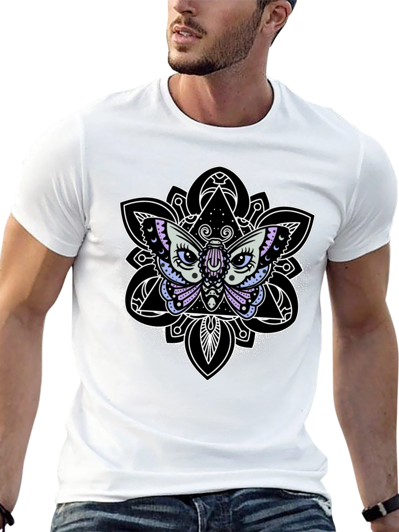Black Moth Mandala Graphic Tee - Black Cotton T-Shirt view 13