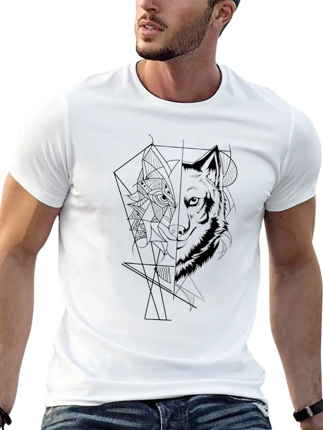 Black Geometric Wolf Graphic Black T-Shirt view 13