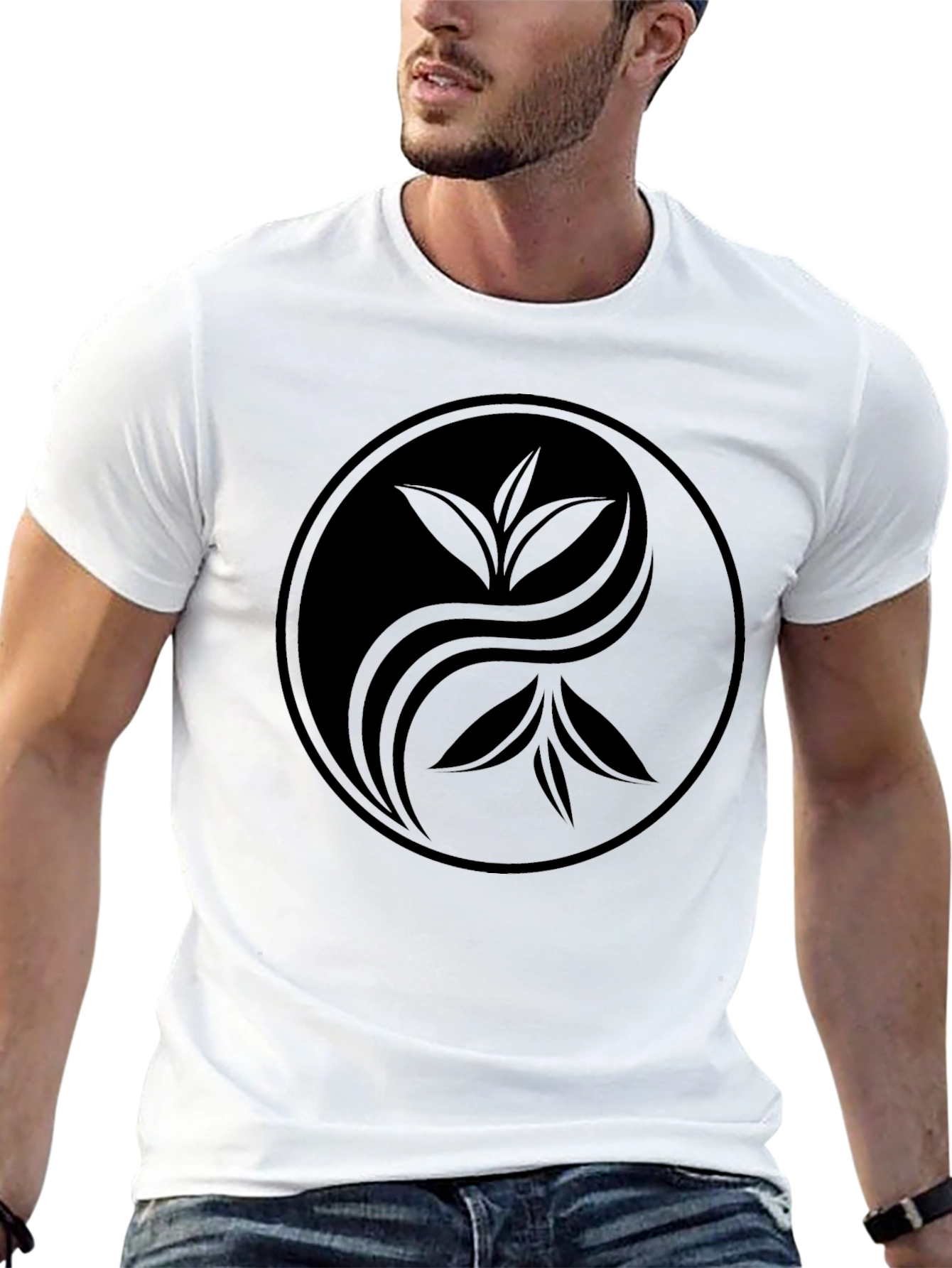 Black Yin Yang Tea Leaf Graphic Tee - Soft Black Cotton view 13